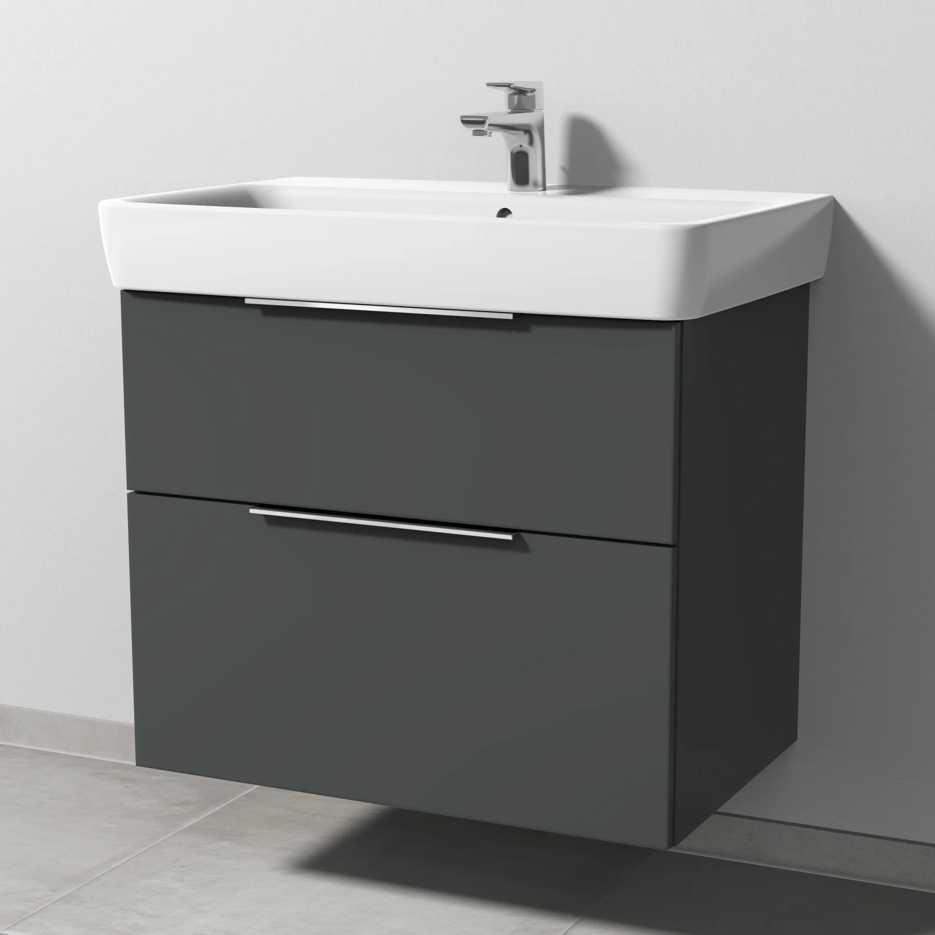 Sanipa Waschtischunterschrank „3way“ passend zu Keramik-Waschtische Renova Plan von Geberit 690 × 588 × 407 mm in Anthrazit (matt), Becken mittig