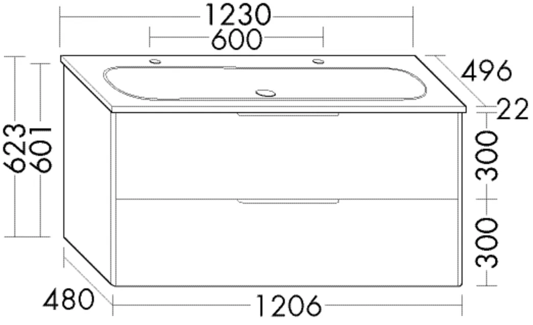 Keramik-Waschtisch inkl. Waschtischunterschrank Oteo von burgbad – 1230 mm breit, 496 mm tief, 623 mm hoch mit 2 Armaturbohrungen und Muldentiefe 120 mm