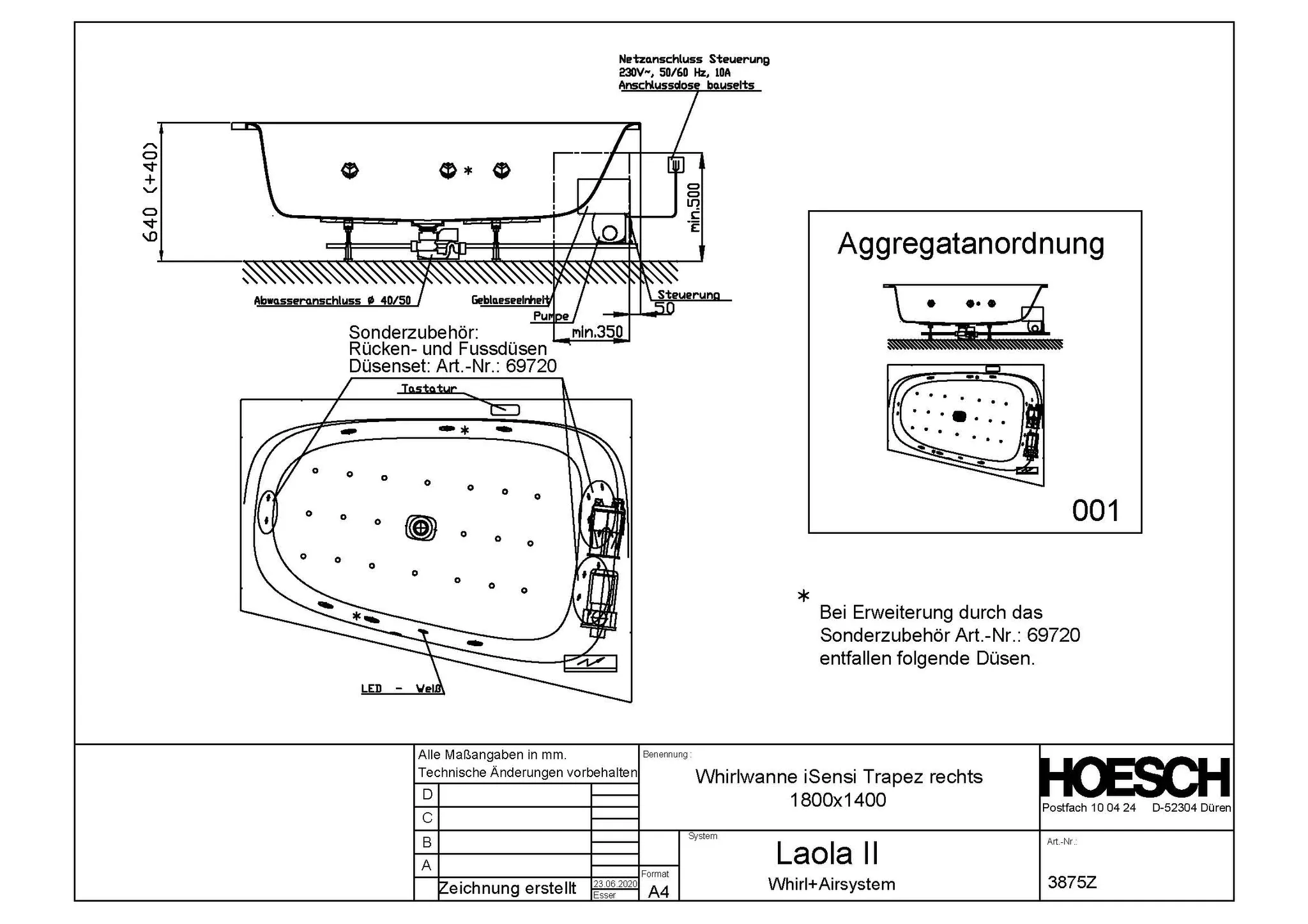 Hoesch Whirlwanne „iSensi“ mit Whirlsystem „Laola II“ trapez 180 × 140 cm