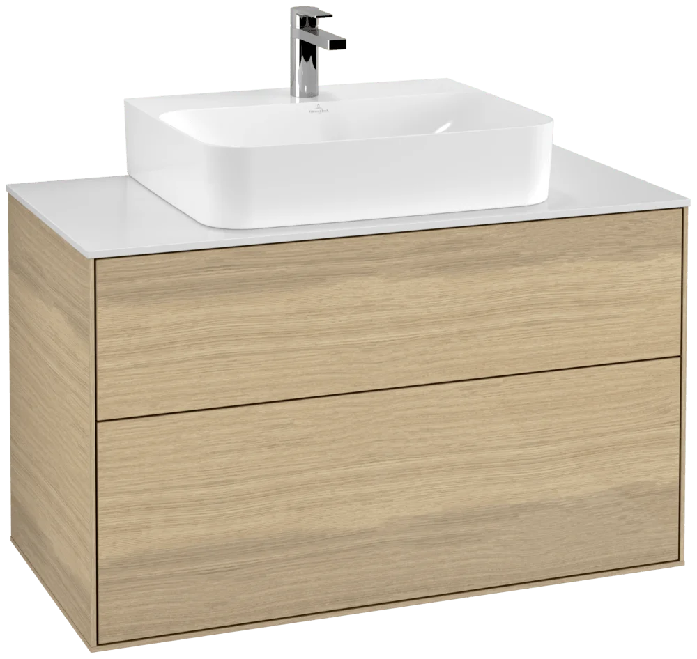 Villeroy & Boch Finion F10 Waschbeckenunterschrank, 1000x603x501mm, Eckig, Holz, Oak Veneer / Glass White Matt Villeroy & Boch Finion F10 Waschbeckenunterschrank, 1000x603x501mm, Eckig, Holz, Oak Veneer / Glass White Matt