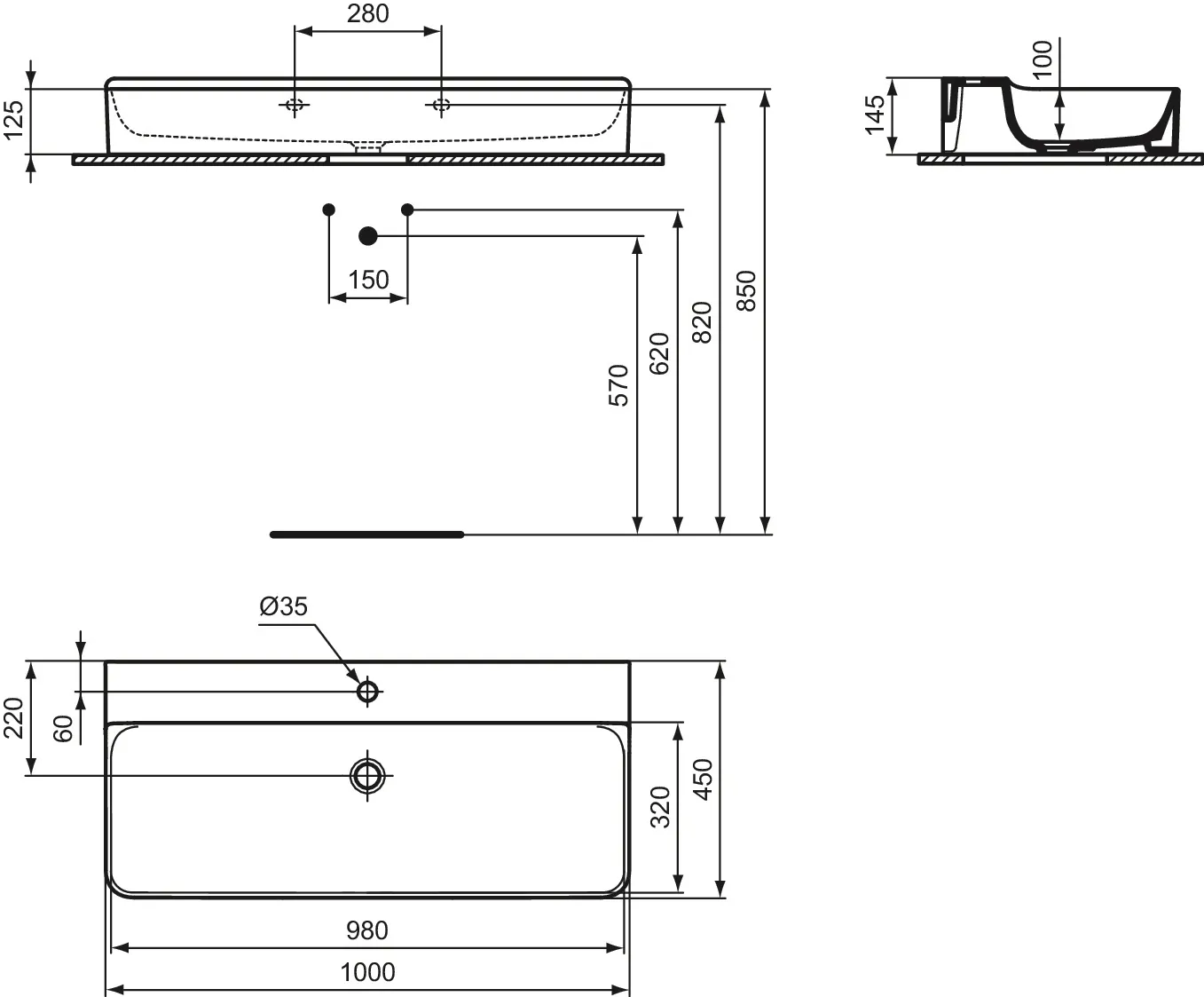 Waschbecken „Conca“ 100 × 45 × 14,5 cm, Hahnlochposition mittig in Weiß