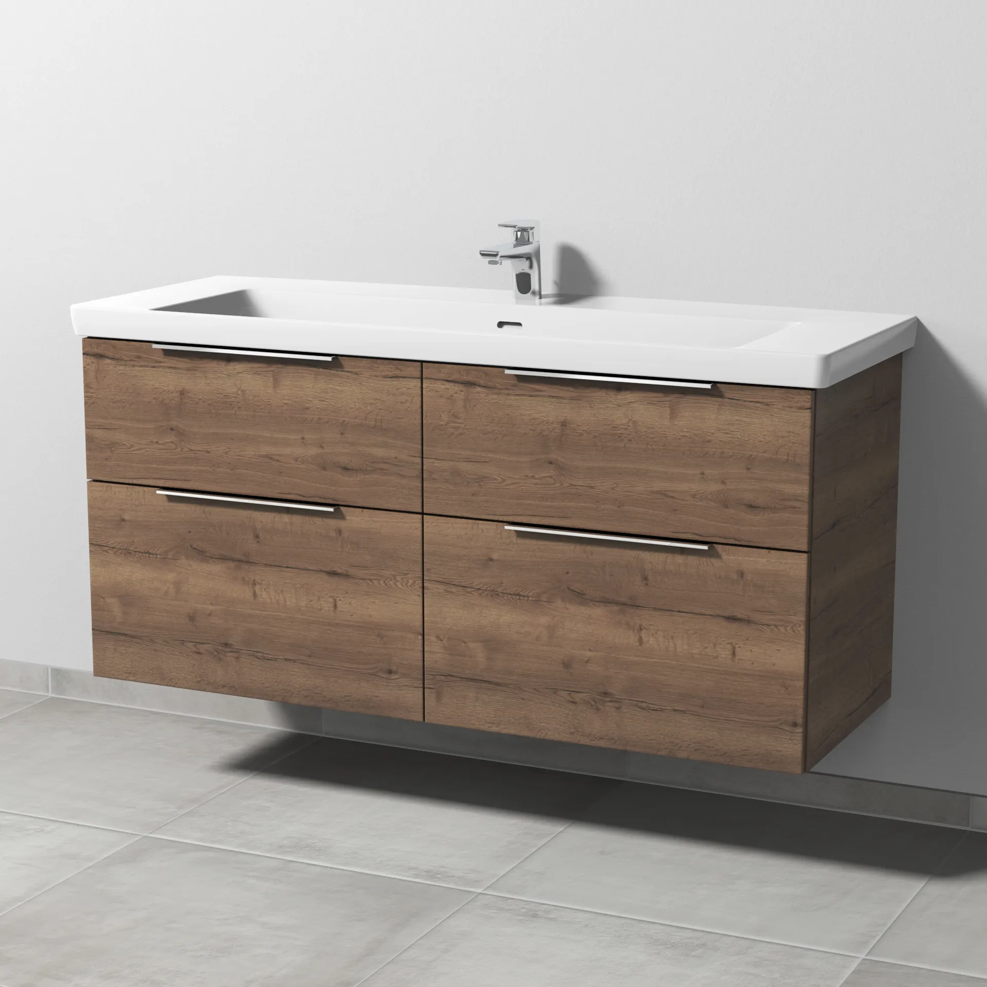Sanipa Waschtischunterschrank „3way“ 1255 × 588 × 462 mm in Eiche Tabak, Becken mittig, mit Hahnlochbohrung
