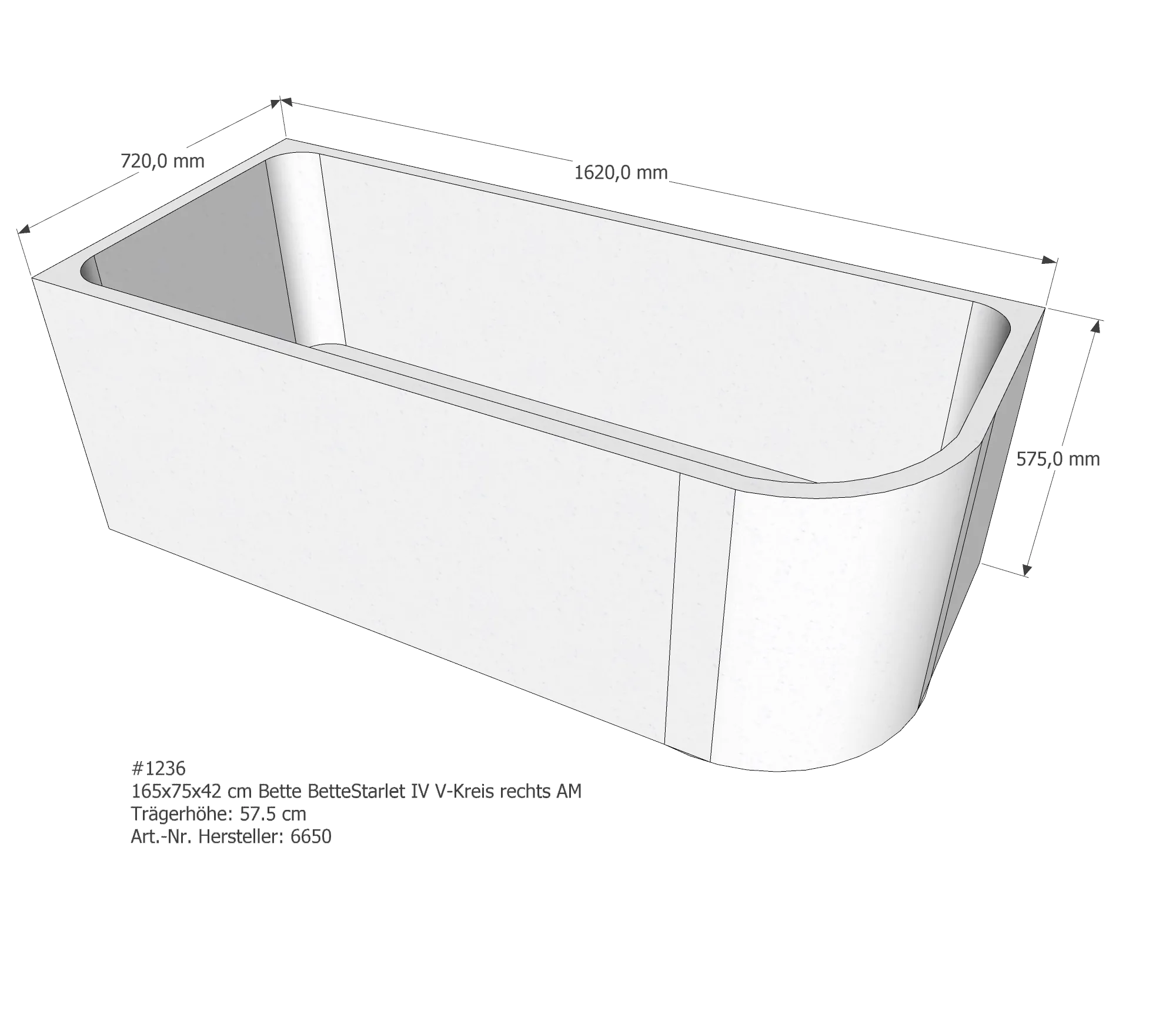 Badewannenträger für Bette Starlet IV rechts 165 × 75 × 42 cm Breite: 75 cm / Länge: 165 cm