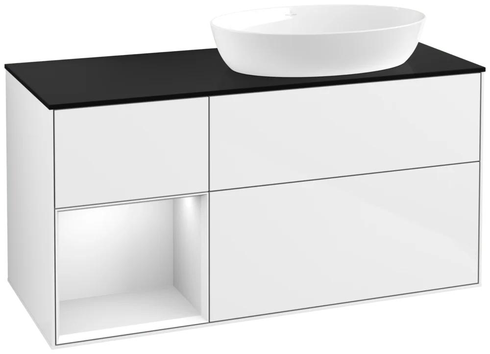 Villeroy & Boch Finion FA4 Waschbeckenunterschrank, 1200x603x501mm, Glossy White Lacquer/White Matt Lacquer/Glass Black Matt