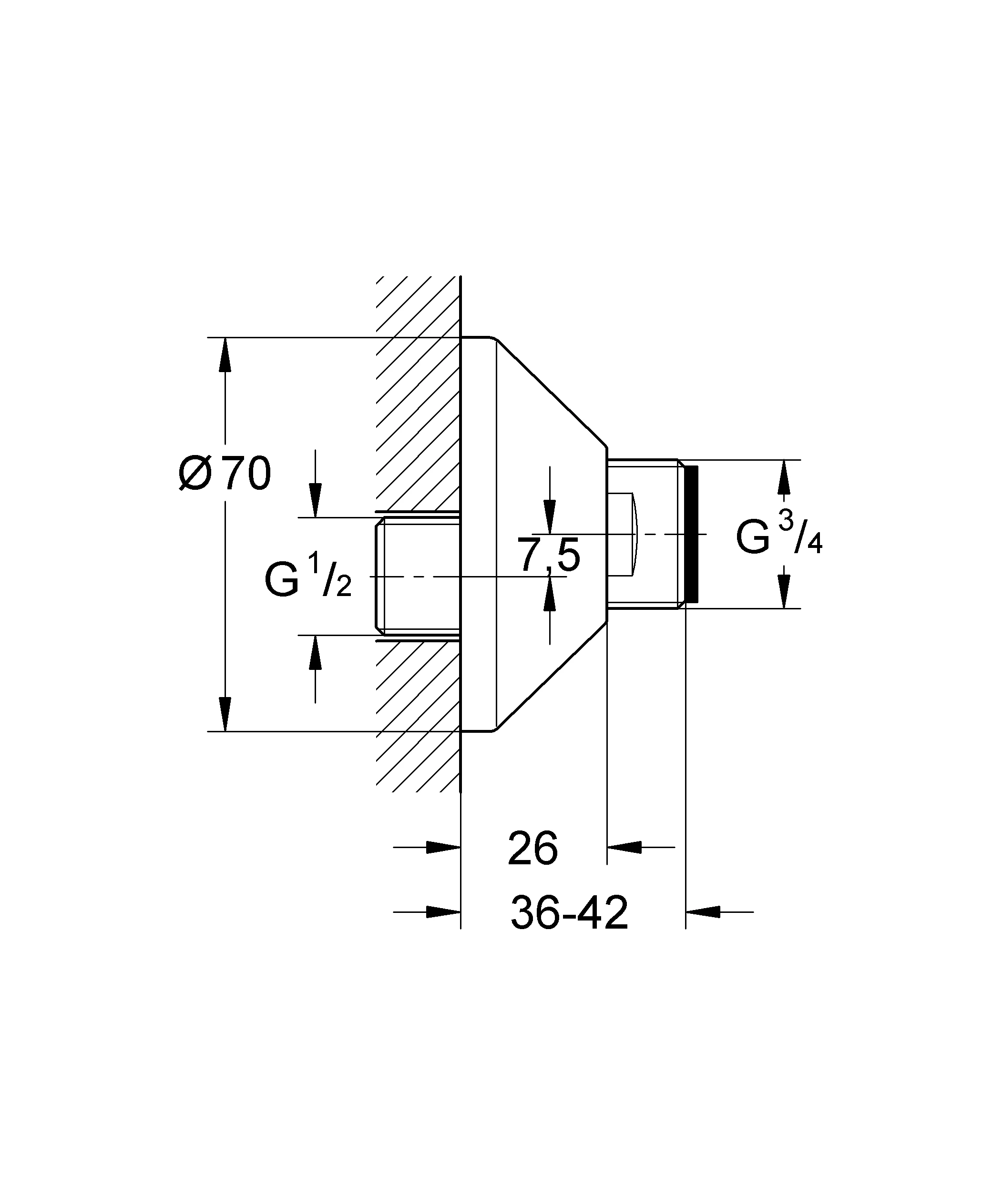 S-Anschluss 12075, 1/2'' x 3/4'', Verstellbarkeit 7,5 mm, Schalldämpfer, Schraubrosette, Durchmesser: 70 mm / Tiefe: 26 mm, chrom