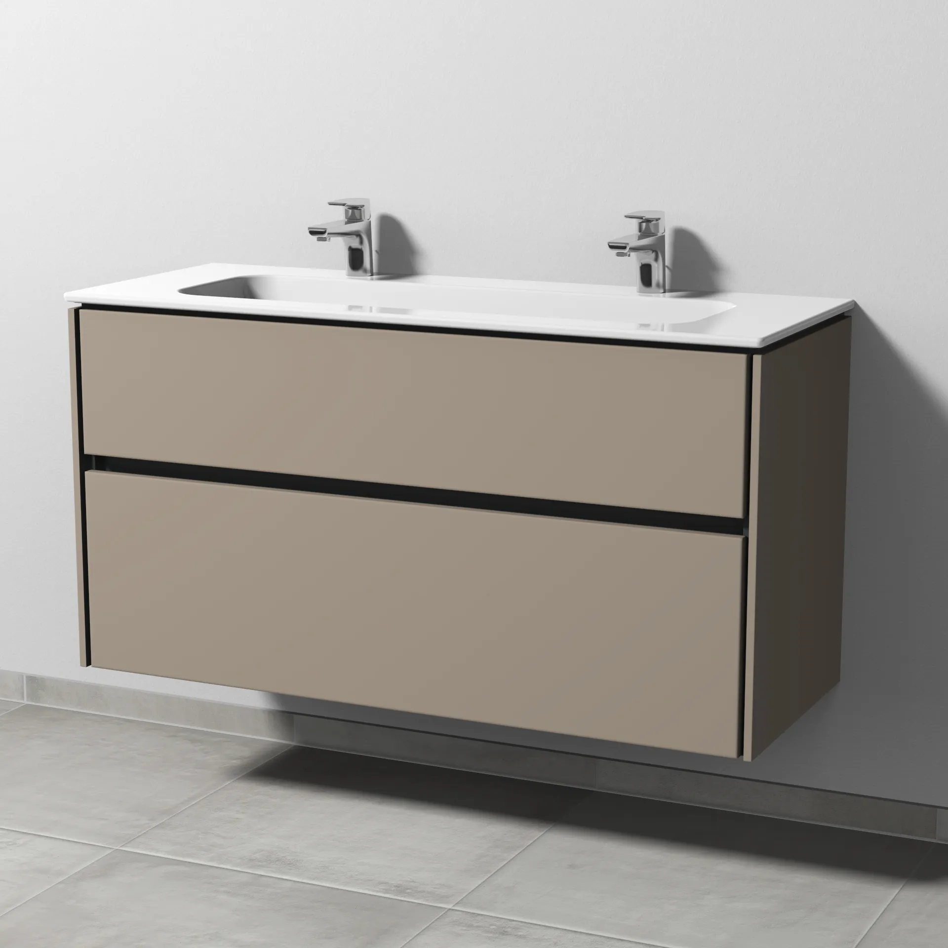 Keramik-Waschtisch-Set mit Waschtischunterschrank „Twiga“ 119 × 46 × 61 cm in Sandgrau (matt), ohne Beleuchtung, mit Hahnlochbohrung