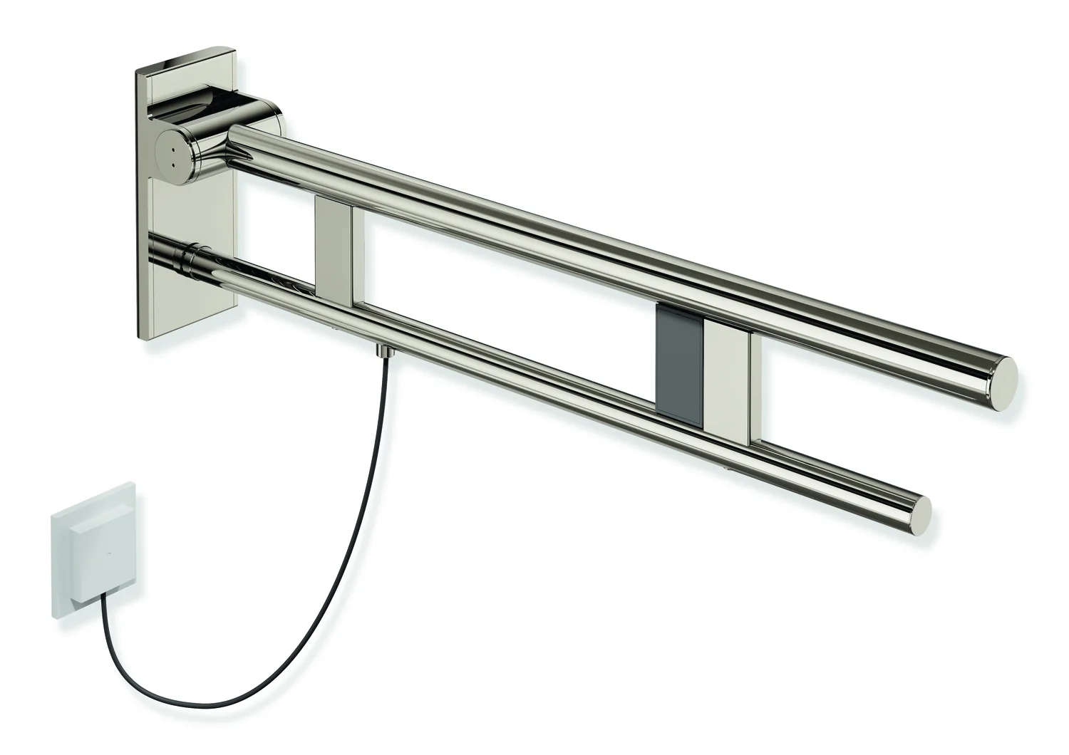 HEWI Stützklappgriff Duo System 900, Design A, Edelstahl PVD nickelglänzend, Ausladung 750 mm, rechts, mit Spül- und Funktionstaste
