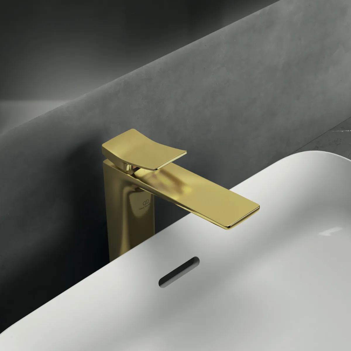 Waschtischarmatur Conca, mit verlängertem Sockel, mit Ablaufgarnitur, Ausladung 150mm, Brushed Gold Waschtischarmatur Conca, mit verlängertem Sockel, mit Ablaufgarnitur, Ausladung 150mm, Brushed Gold