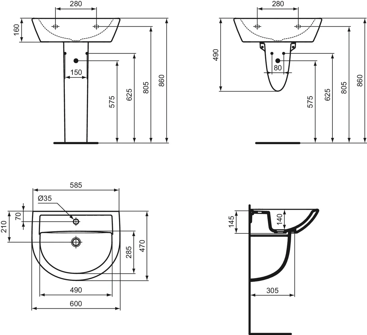 Waschtisch Eurovit, 1 Hahnloch, ohne Überlauf, 600x470x160mm, Weiß