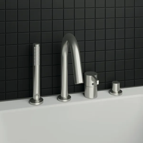 4-Loch Wannenrandarmatur Joy, mit Auslauf, Stab-Handbrause und Umsteller, Brushed Gold 4-Loch Wannenrandarmatur Joy, mit Auslauf, Stab-Handbrause und Umsteller, Brushed Gold