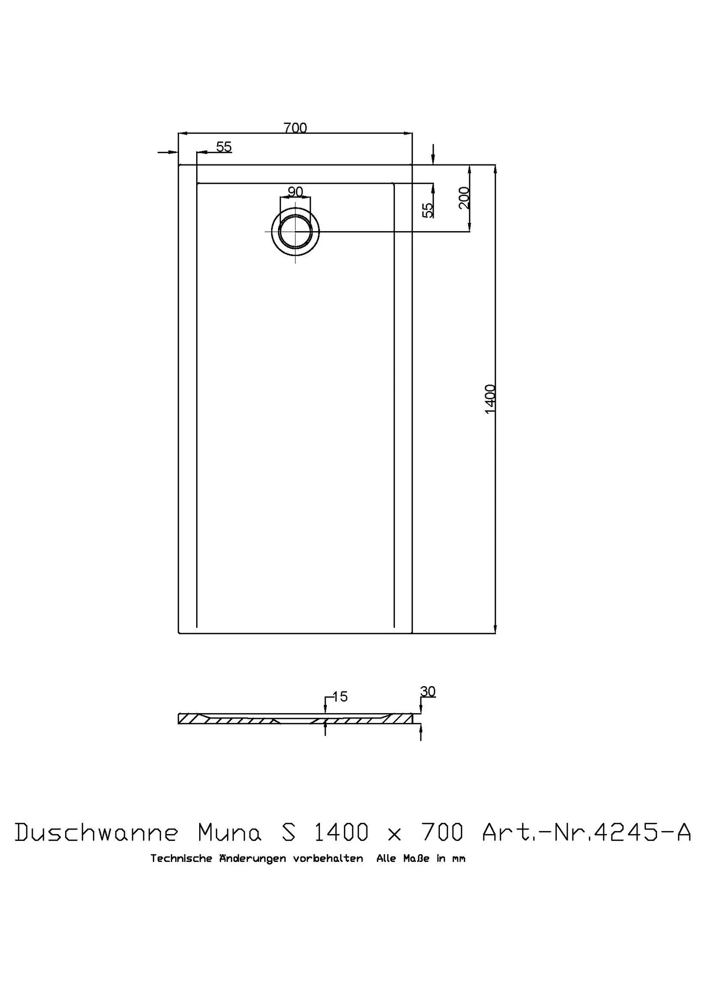 Duschwanne „Muna S“ Rechteck 140 × 70 cm in Steingrau