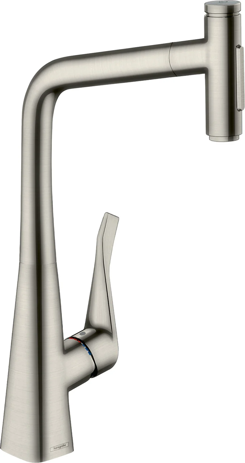 Hansgrohe Metris Select M71 Einhebel-Küchenmischer 320 mit Ausziehbrause, 2-Jet, Edelstahl-Optik, Schwenkbereich 110° oder 150°, max. Durchfluss 8 l/min, Keramikmischsystem