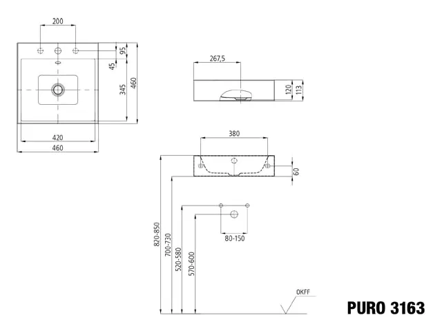Wandwaschtisch „Puro“ 46 × 46 cm, mit Überlauf, mit Hahnlochbohrung in cool grey 30 mit Perl-Effekt
