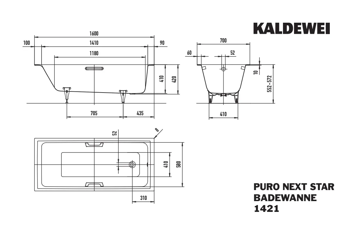 Kaldewei Badewanne „Puro Next“ rechteck 1600 × 700 mm in pergamon