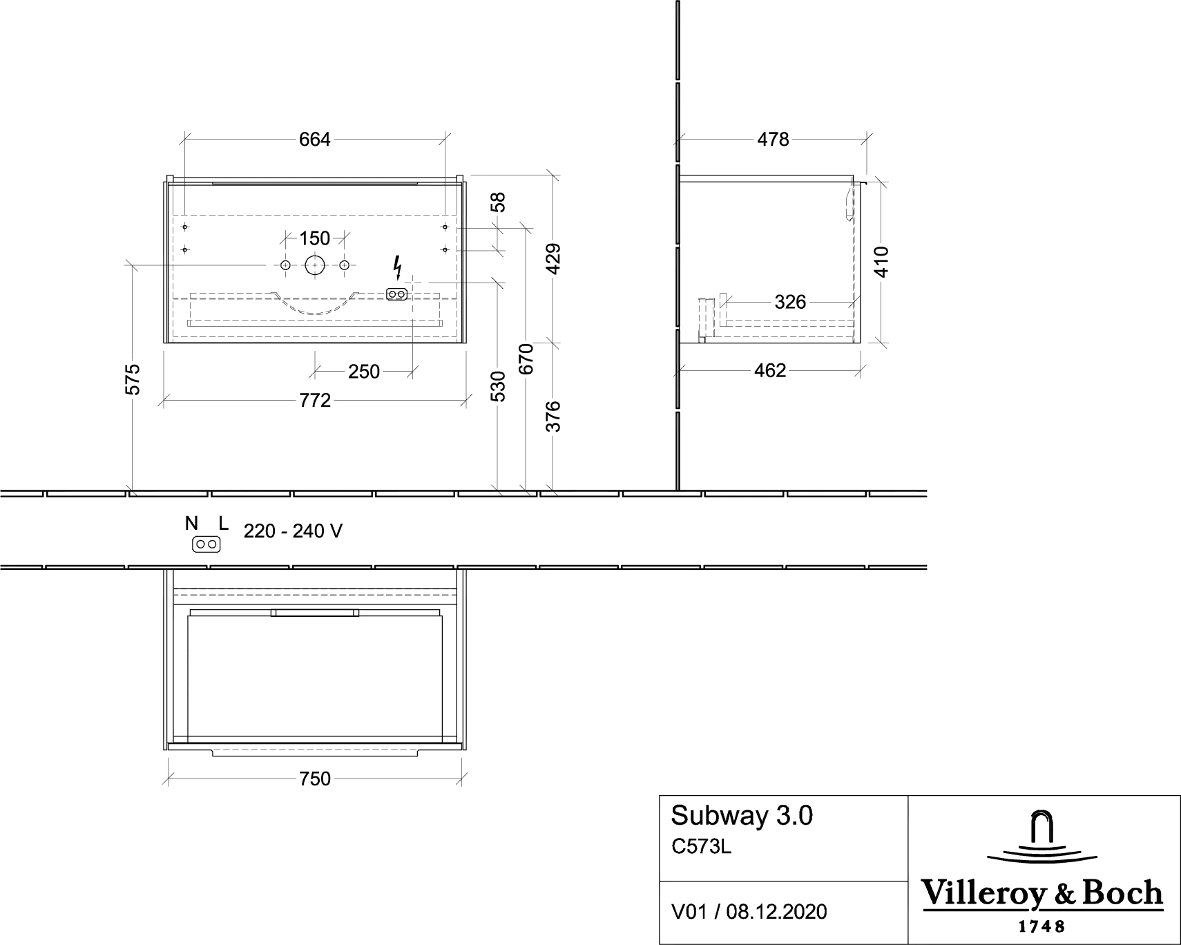 Villeroy & Boch Waschtischunterschrank „Subway 3.0“ für Schrankwaschtisch 77,2 × 42,9 × 47,8 × 47,8 cm 1 Auszug, Waschbecken mittig, mittig