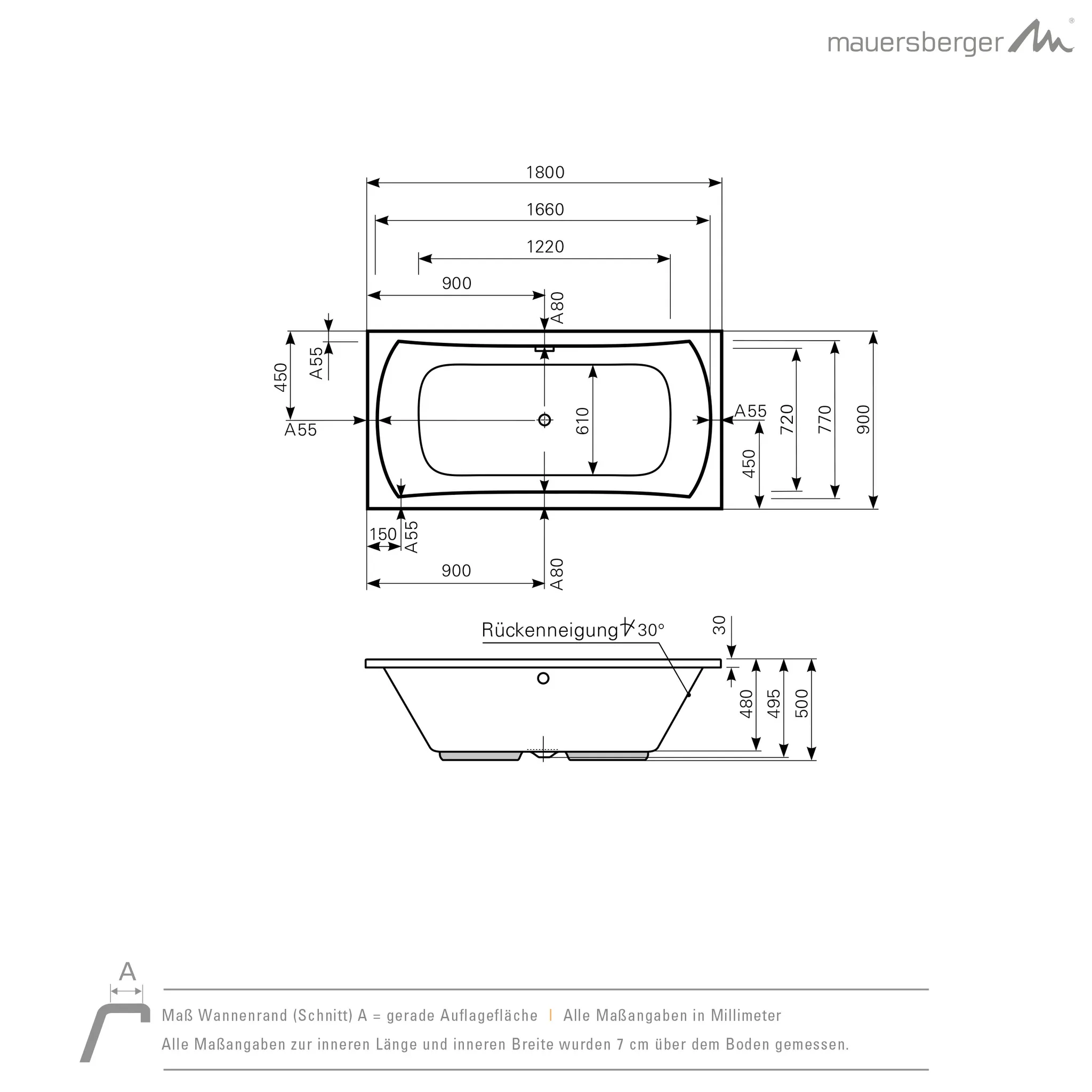 Mauersberger jucunda Acryl-Badewanne Rechteckform duo 1800x900x500, Farbgruppe 3