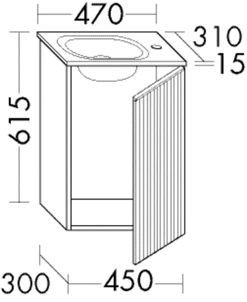 Mineralguss-Waschtisch inkl. Waschtischunterschrank, Mineralguss-Waschtisch;Muldentiefe: 90 mm;Beckenmaß: 300x180 mm;Waschtischunterschrank;1 Tür mit vertikaler Struktur, Tiefe: 310 mm, Breite: 470 mm, Höhe: 615 mm