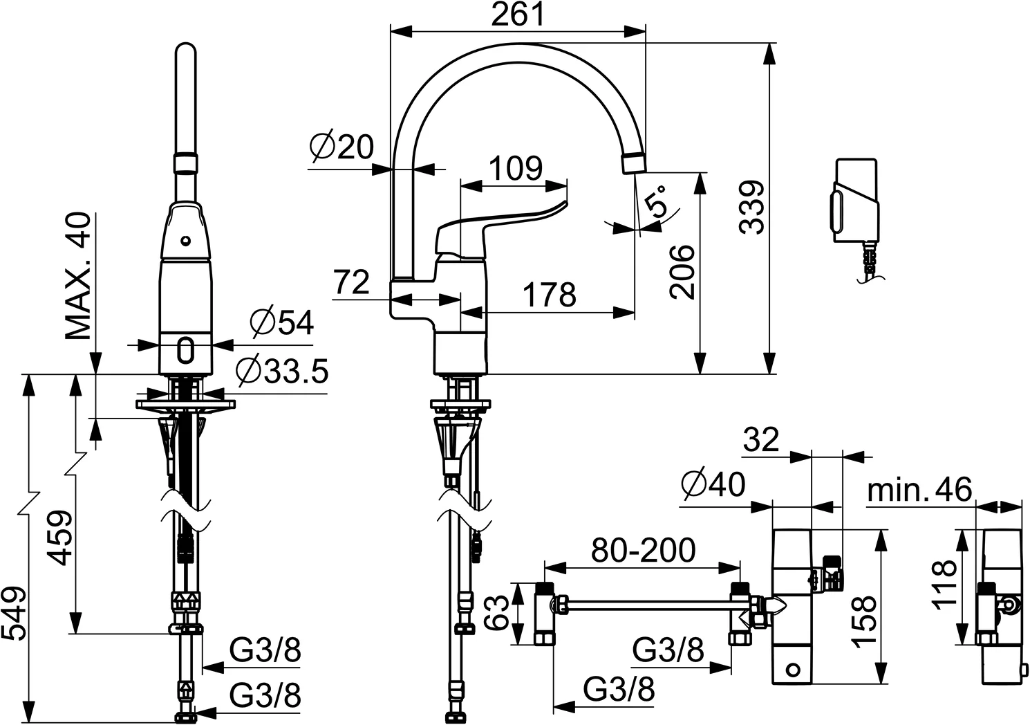 EHM Küchenarmatur HansaCARE 4614 3V, Bluetooth Ausladung 178mm Chrom