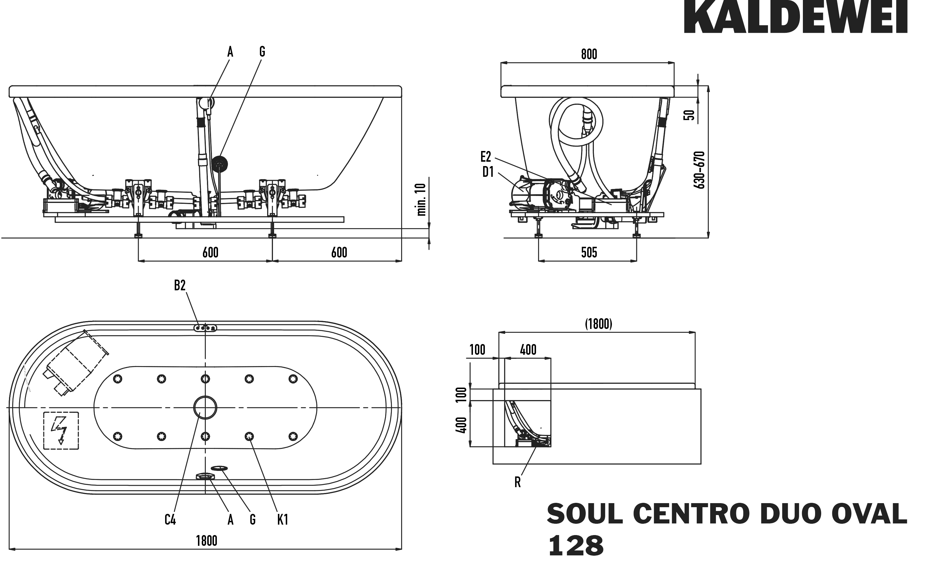 Kaldewei Badewanne „Centro Duo Oval“ oval 180 × 80 cm, mit Überlauf, ohne Wannenträger in schwarz matt