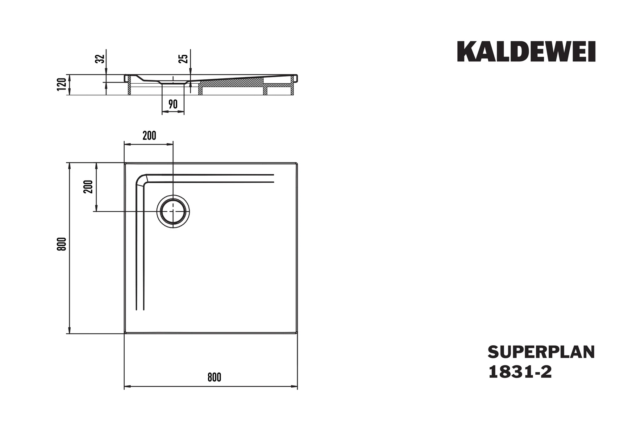 Kaldewei SUPERPLAN Duschfläche mit Wannenträger, 800x800 mm, warm grey 70, Secure Plus Antislip, 25 mm tief