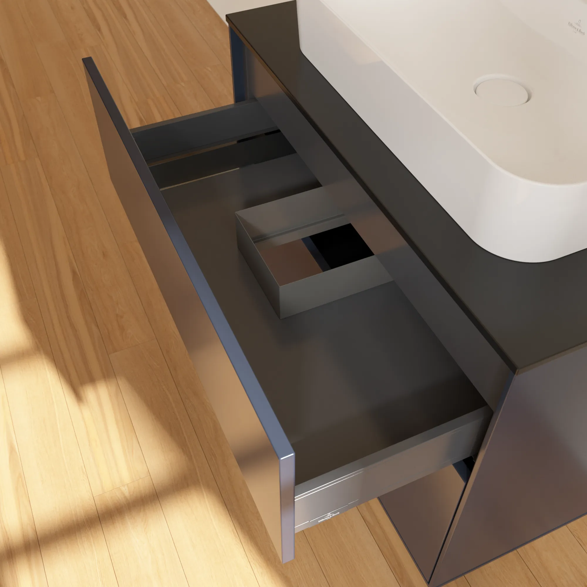 Villeroy & Boch Finion Waschbeckenunterschrank G34, 800 x 603 x 501 mm, Midnight Blue Matt Lacquer / Glass Black Matt