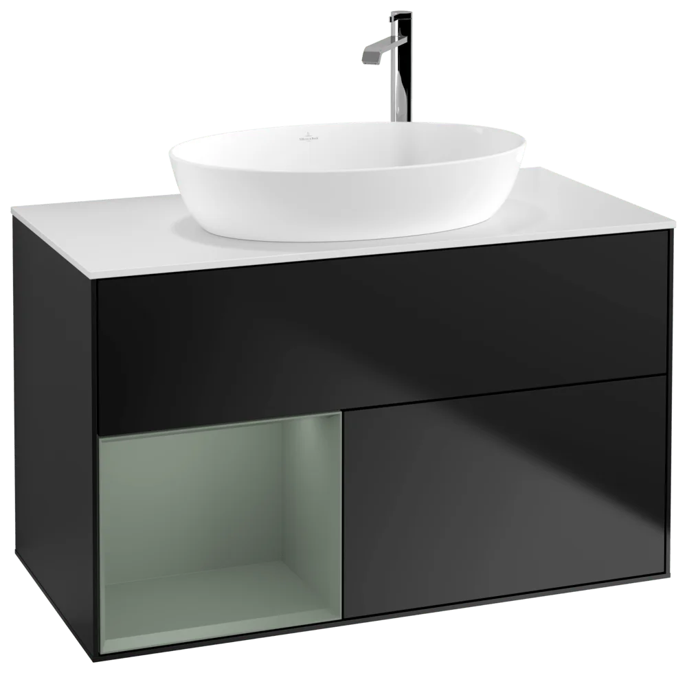 Villeroy & Boch Waschbeckenunterschrank Finion F89, 1000x603x501 mm, Black Matt Lacquer mit Olive Regal, Beleuchtung dimmbar, Push-to-open, SoftClosing Villeroy & Boch Waschbeckenunterschrank Finion F89, 1000x603x501 mm, Black Matt Lacquer mit Olive Regal, Beleuchtung dimmbar, Push-to-open, SoftClosing