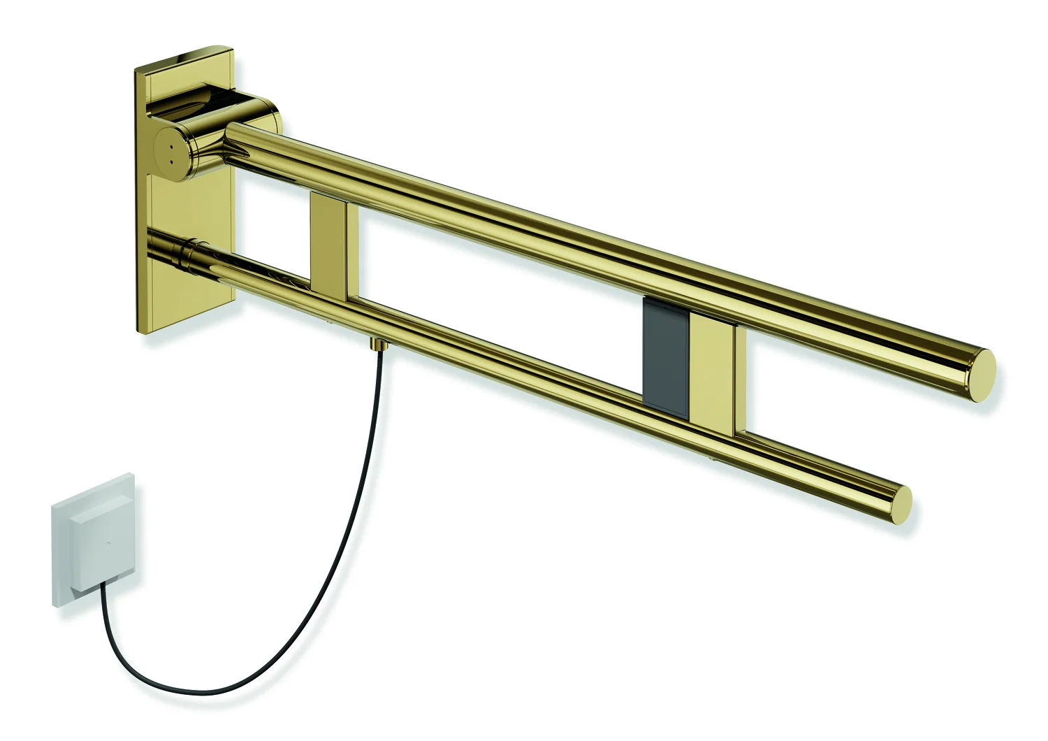 HEWI Stützklappgriff Duo System 900, Design A, Edelstahl PVD gold glänzend, Ausladung 750 mm, rechts, mit Spülauslösung