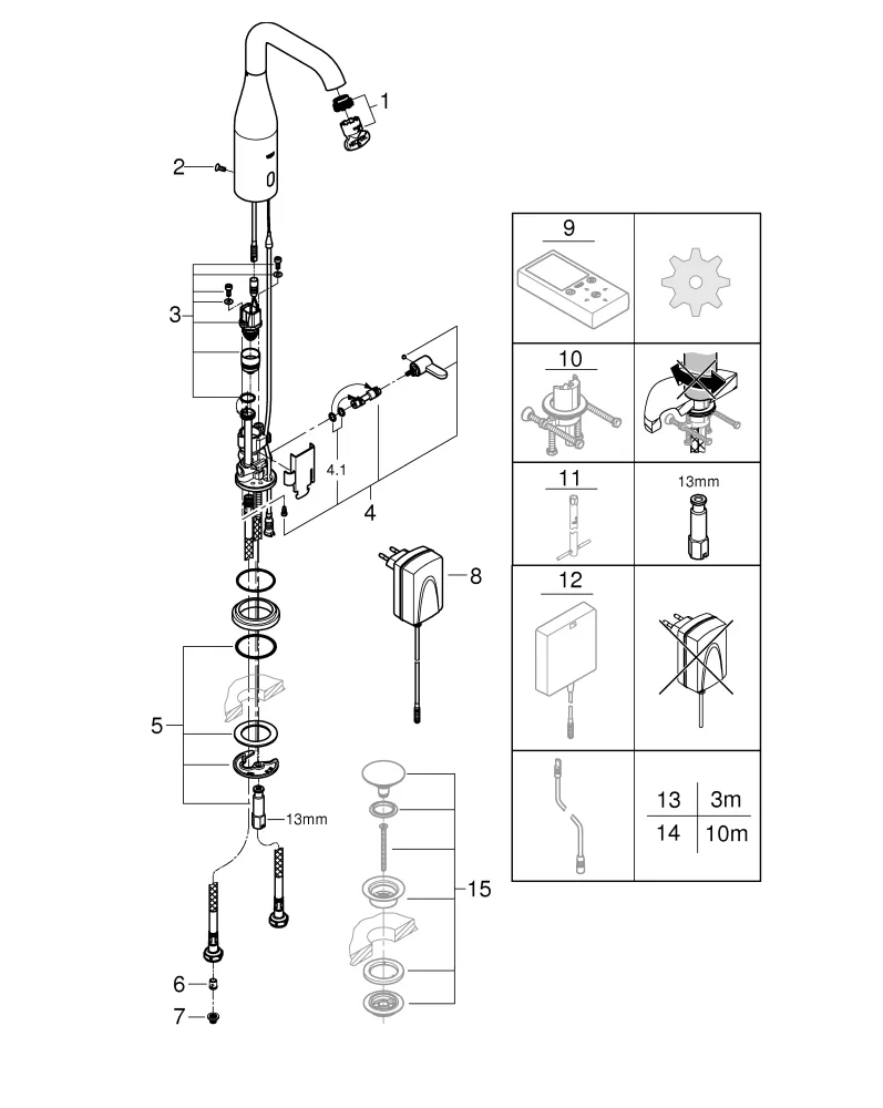 Infrarot-Elektronik für Waschtisch Essence E 36444, DN 15 mit Mischung und variabel einstellbarem Temperaturbegrenzer, mit Steckertrafo 100-230 V AC, 50-60 Hz, 6 V DC, Laminarstrahlregler 5,7 l/min, chrom