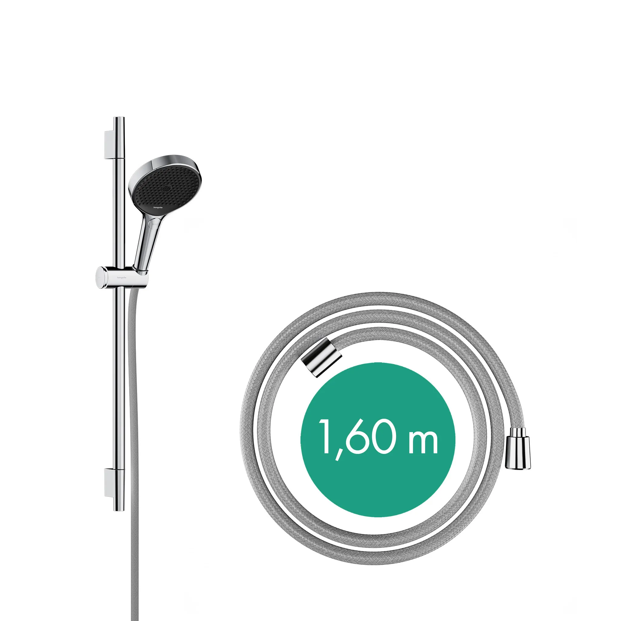 Rainfinity Brauseset 130 3jet mit Brausestange S Puro 65 cm, Push-Handbrausehalterung und Designflex Textilbrauseschlauch 160 cm Chrom