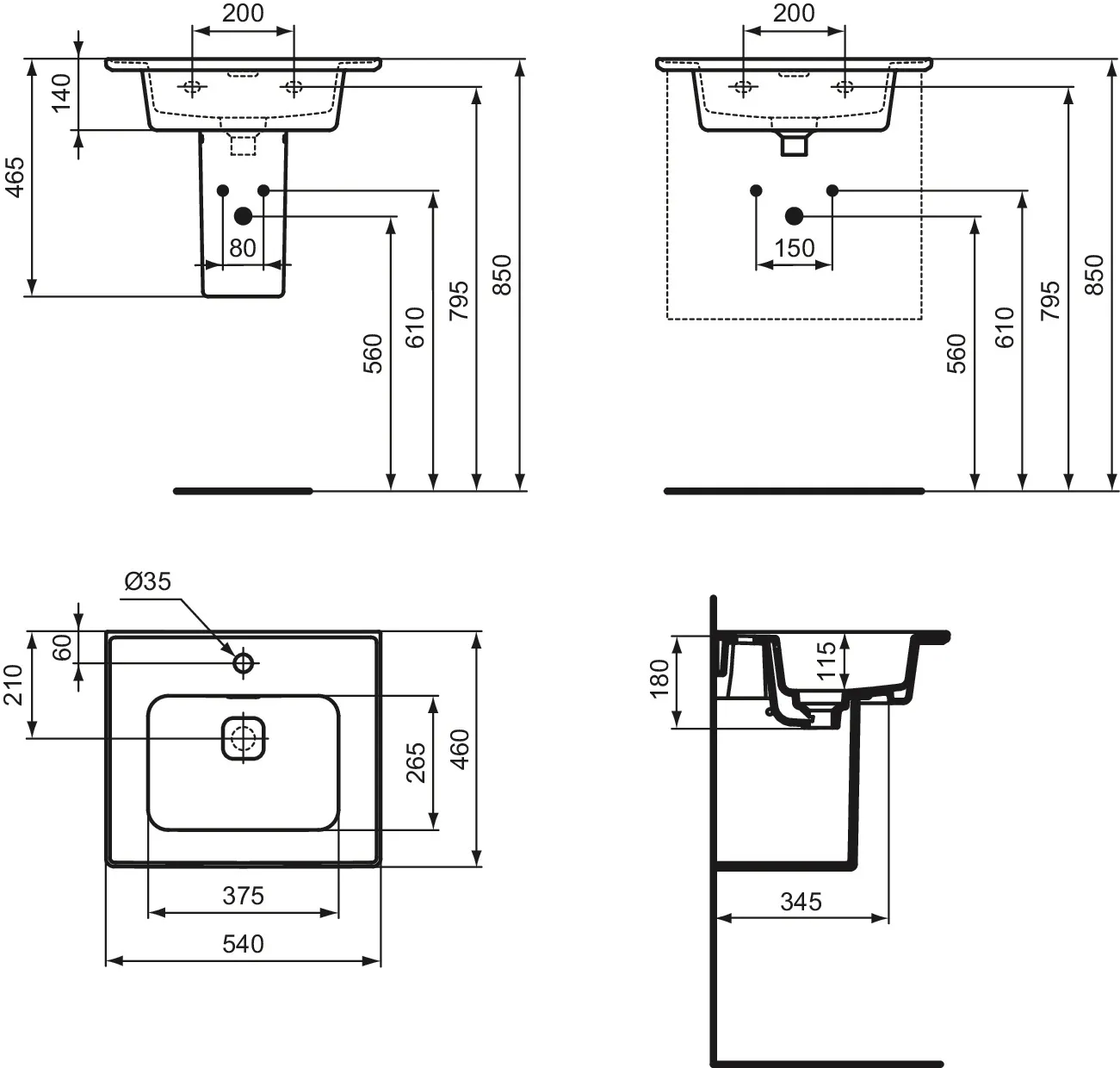 Waschbecken „StradaII“ 54 × 46 × 18 cm, Hahnlochposition mittig Waschbecken „StradaII“ 54 × 46 × 18 cm, Hahnlochposition mittig