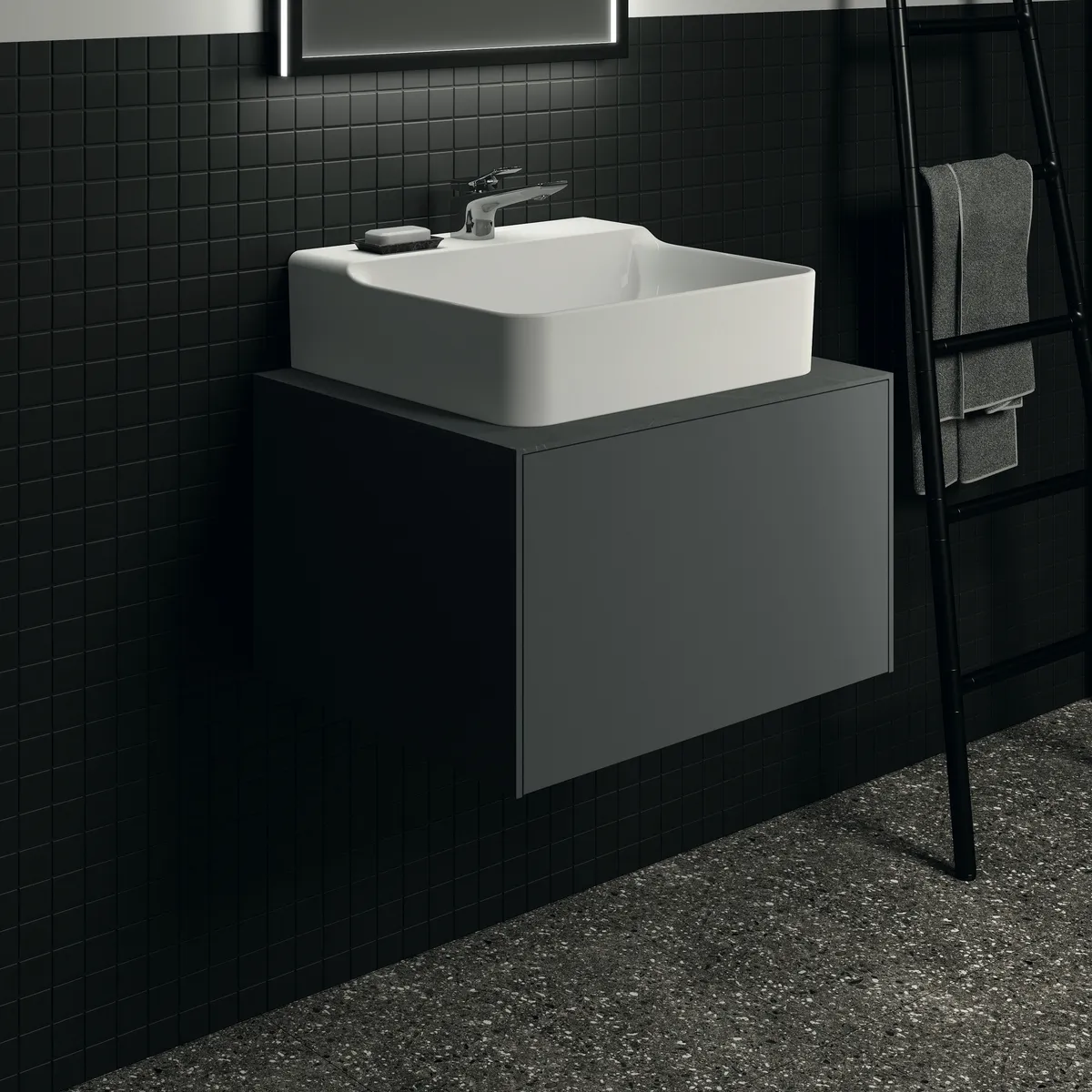 Waschtischplatte Conca, aus Keramik, 602x505x6mm, Marmor Noir Desir