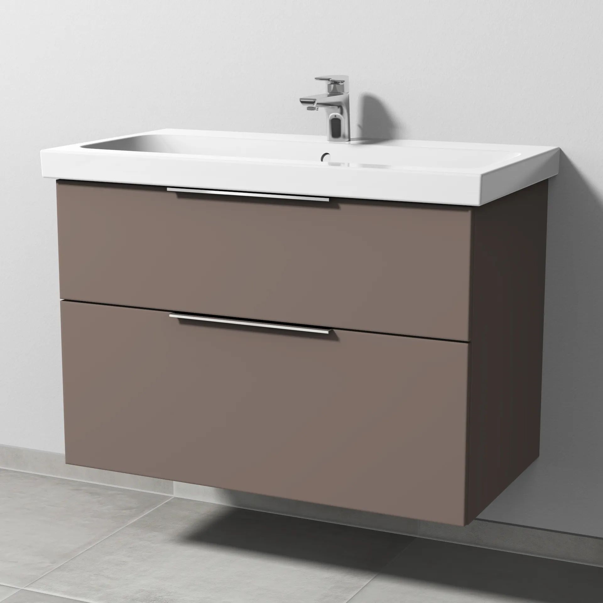 Sanipa Waschtischunterschrank „3way“ passend zu Keramik-Waschtische iCon Light von Geberit 850 × 591 × 462 mm in Taupe (matt), Becken mittig, mit