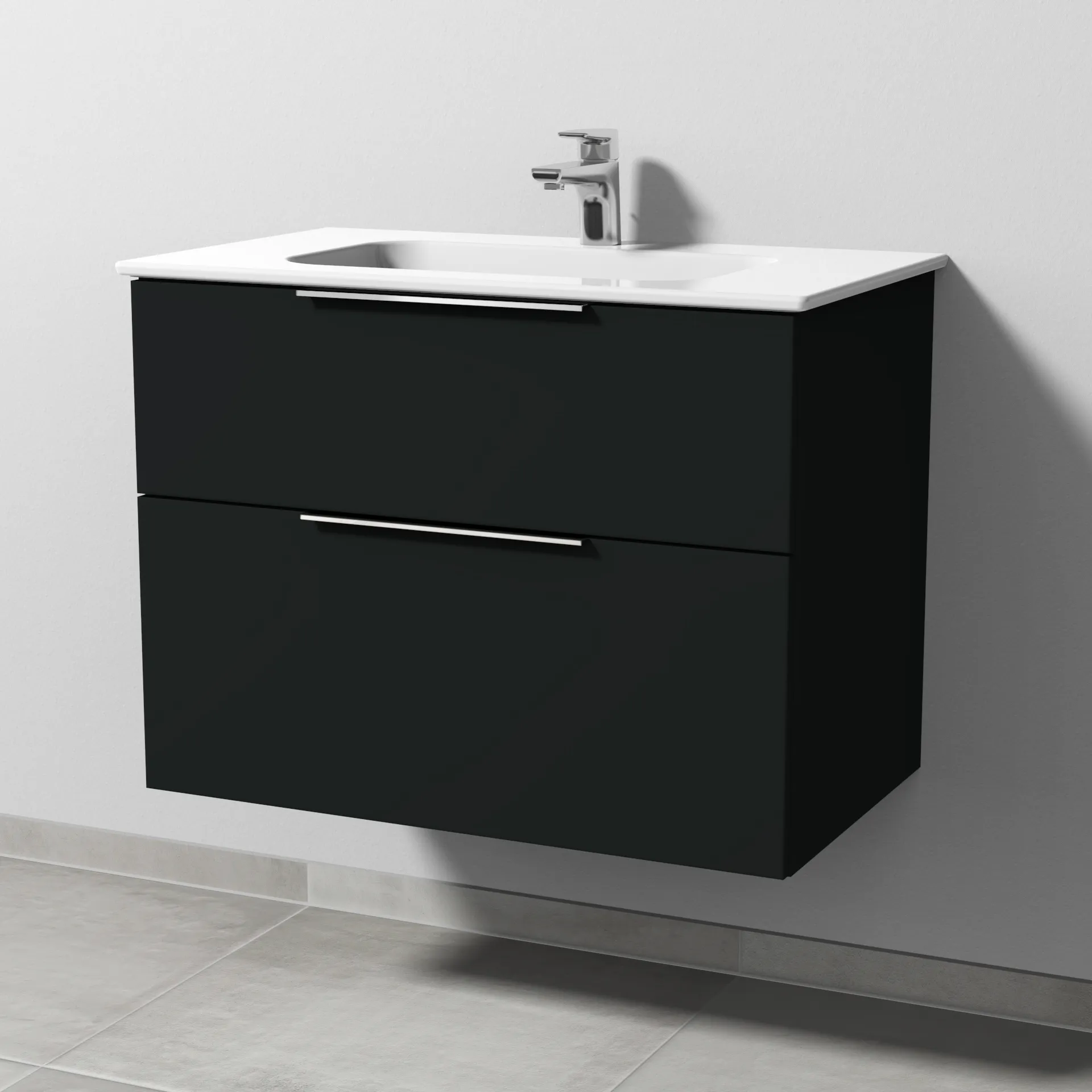 Keramik-Waschtisch-Set mit Waschtischunterschrank „3way“ 77 × 46 × 58,2 cm in Vulkan (matt), mit Hahnlochbohrung, Becken mittig