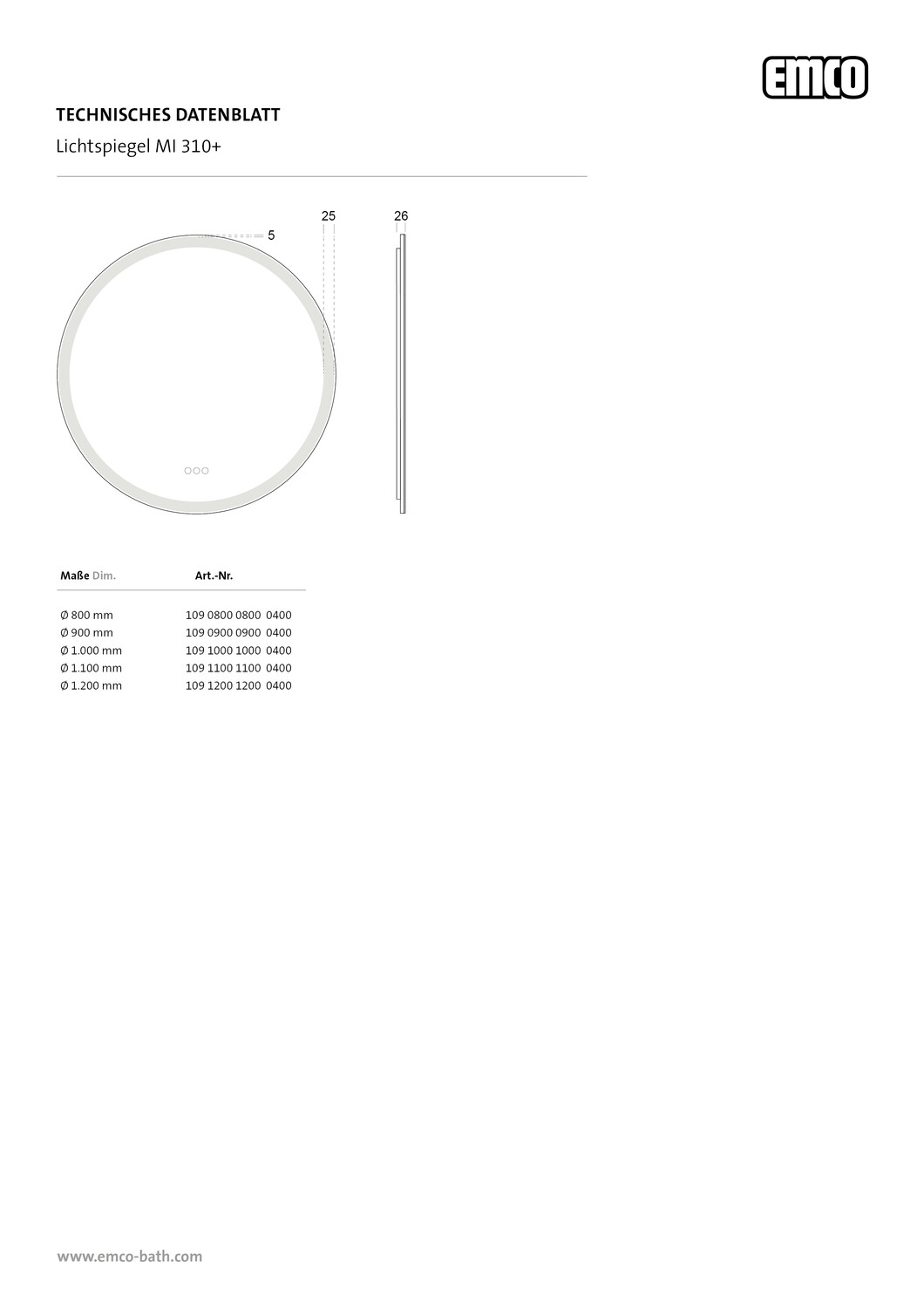 emco Lichtspiegel mit Touch-Bedienfeld „MI 310+“ ⌀ 800 mm