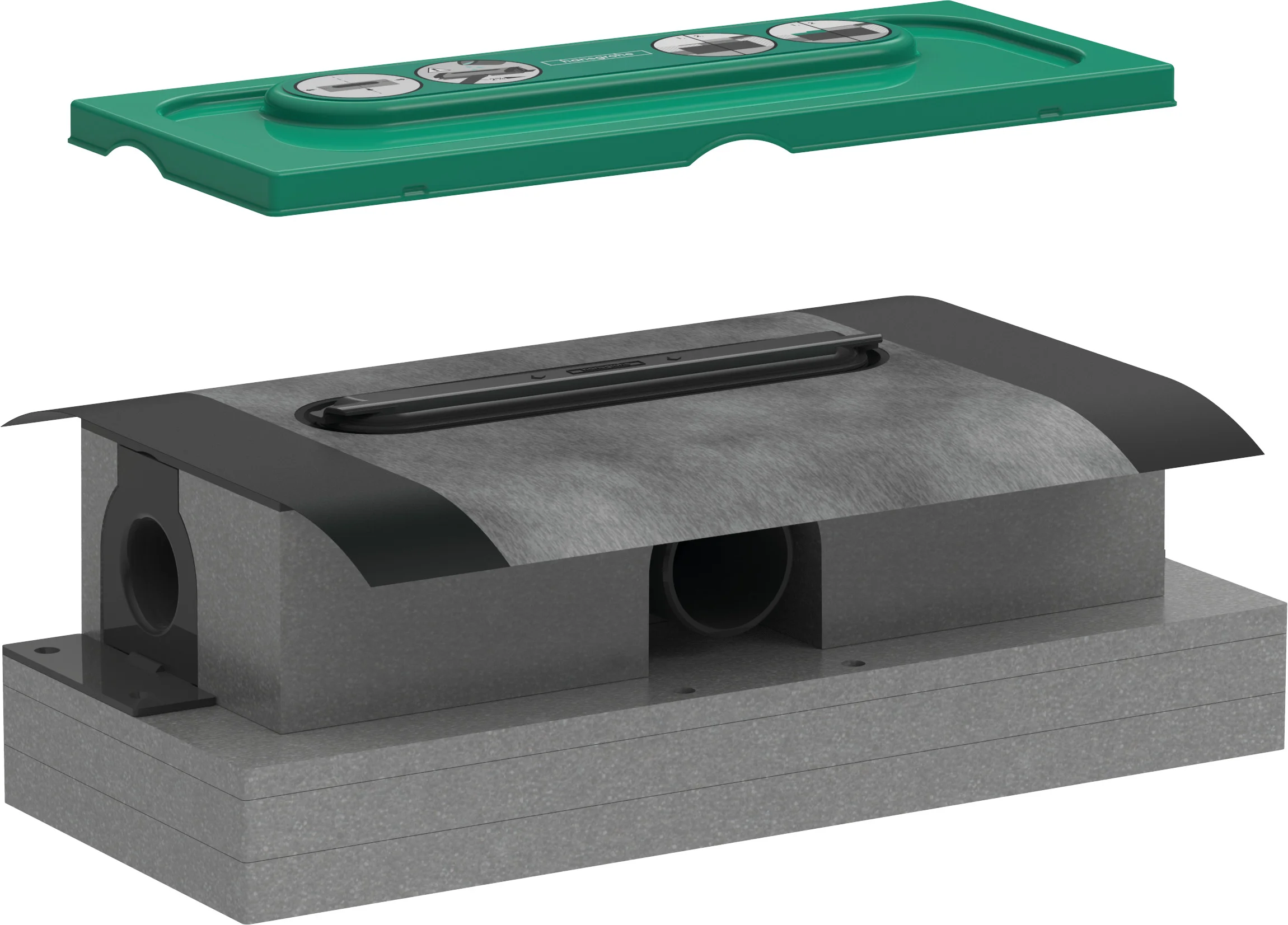 Hansgrohe uBox universal Ablaufgehäuse für Duschrinnen – 3-seitiger Anschluss DN50, waagerechter Auslass, Sperrwasserhöhe 50 mm, Mindestbauhöhe 75 mm
