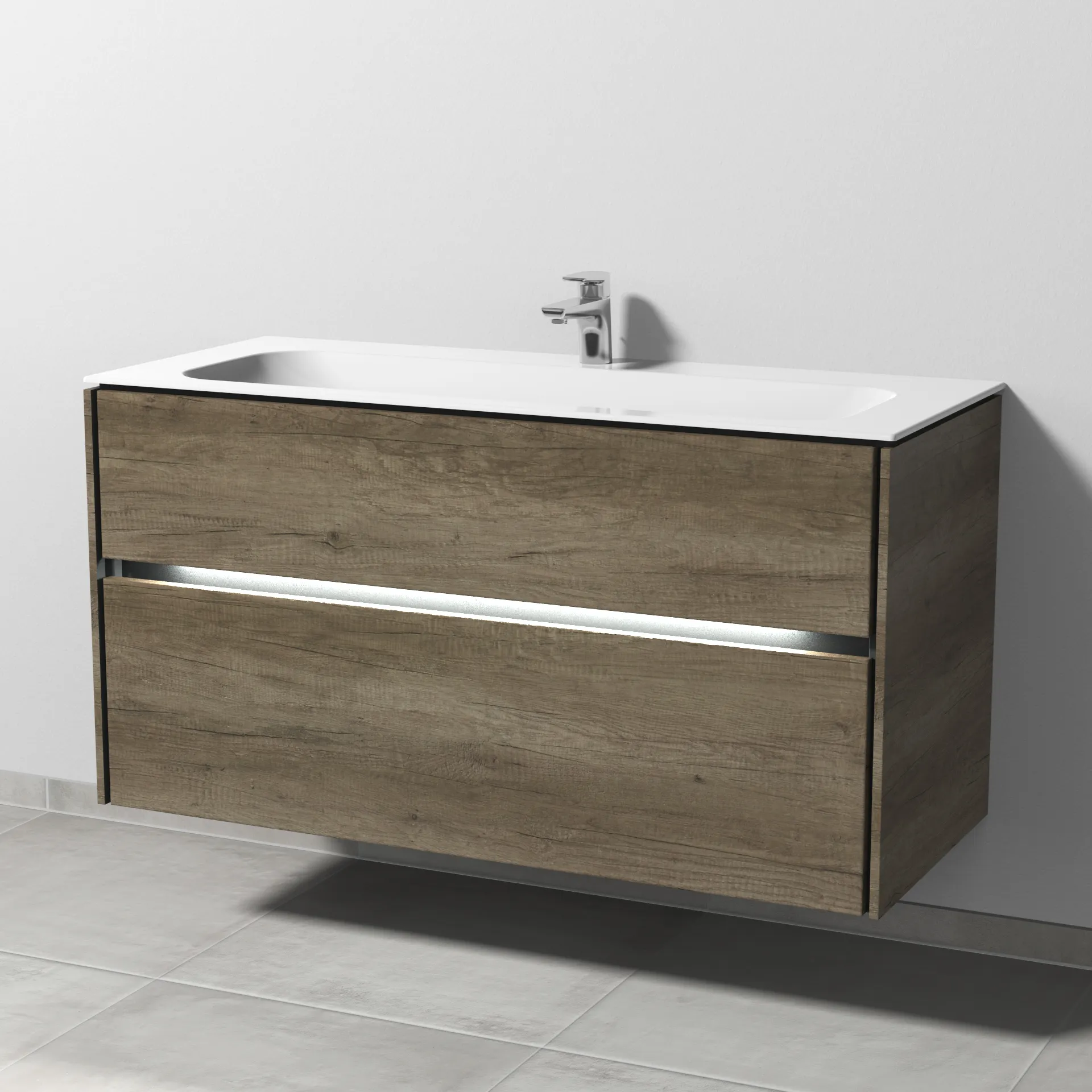 Keramik-Waschtisch-Set mit Waschtischunterschrank „Twiga“ 119 × 50 × 61 cm in Eiche Nebraska, mit Hahnlochbohrung, mit Beleuchtung Keramik-Waschtisch-Set mit Waschtischunterschrank „Twiga“ 119 × 50 × 61 cm in Eiche Nebraska, mit Hahnlochbohrung, mit Beleuchtung