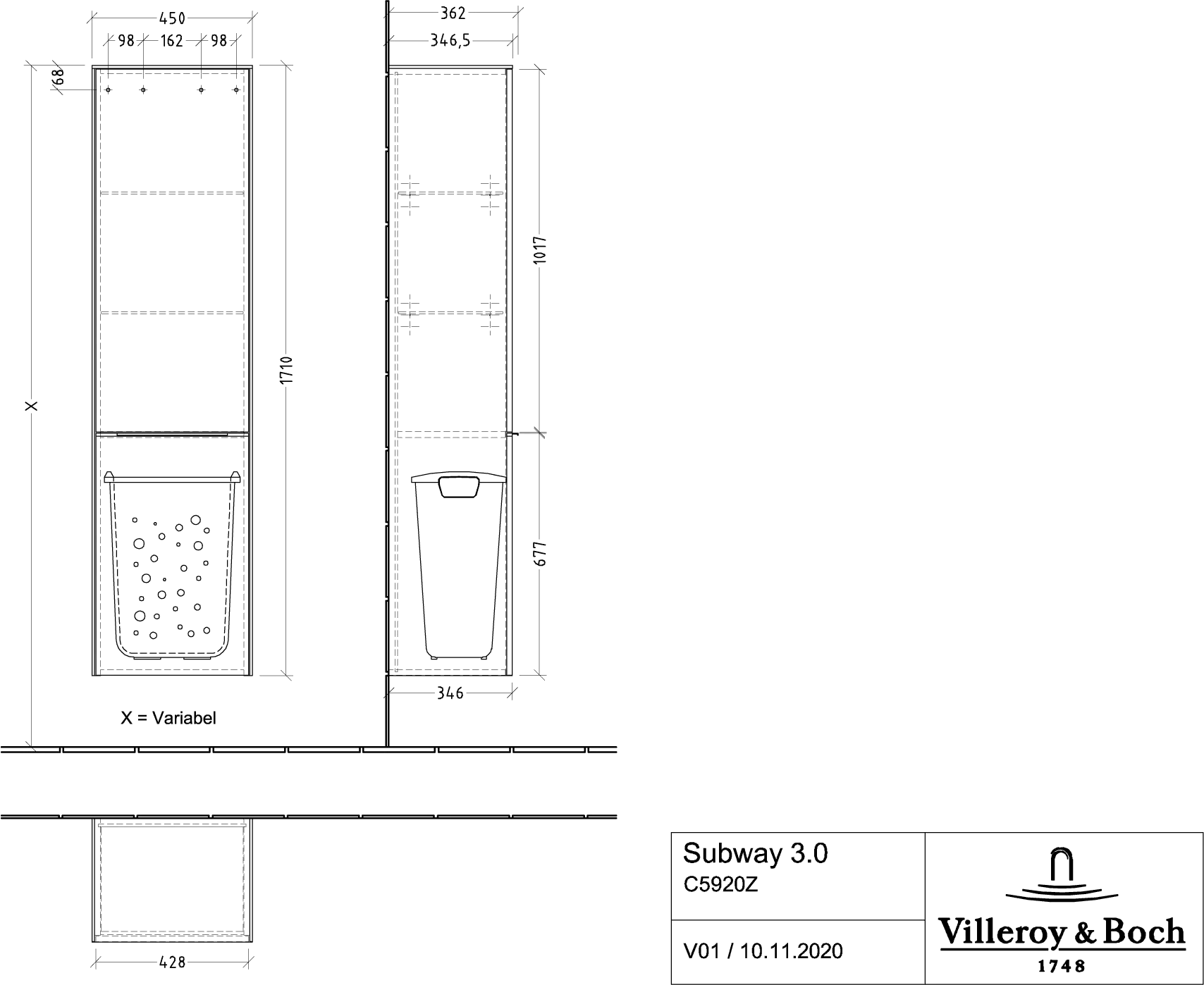 Villeroy & Boch Hochschrank Subway 3.0 C59200, 450 x 1710 x 362 mm, links angeschlagen