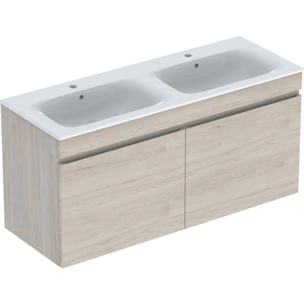 Geberit Renova Plan Doppelmöbelwaschtisch schmaler Rand, Nussbaum hickory hell, 130x62,2x48 cm