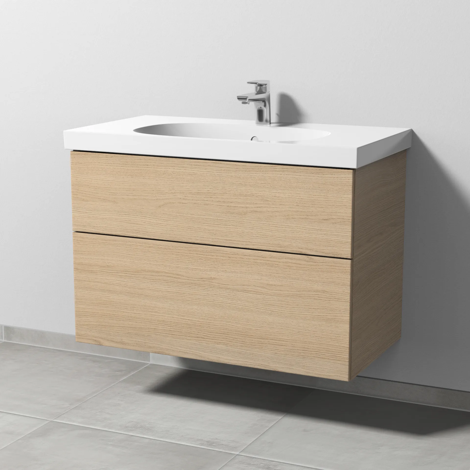 Sanipa Waschtischunterschrank „3way“ passend zu Keramik-Waschtische Acanto von Geberit 870 × 586 × 467 mm in Eiche Nordic, mit Hahnlochbohrung, Becken