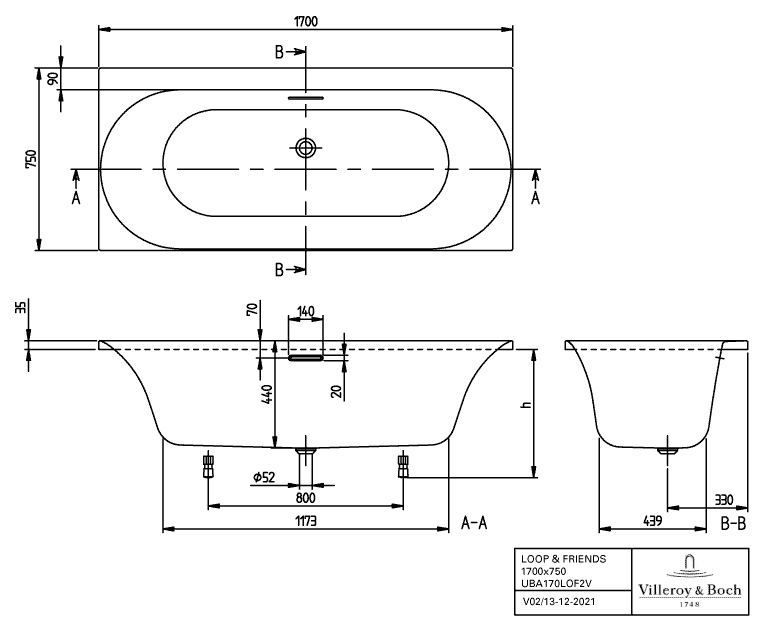 Villeroy & Boch Whirlsystem mit ovaler Innenform „Loop & Friends“ mit Whirlsystem „Airpool Entry“ rechteck 170 × 75 cm, rechteckig in Weiß Alpin