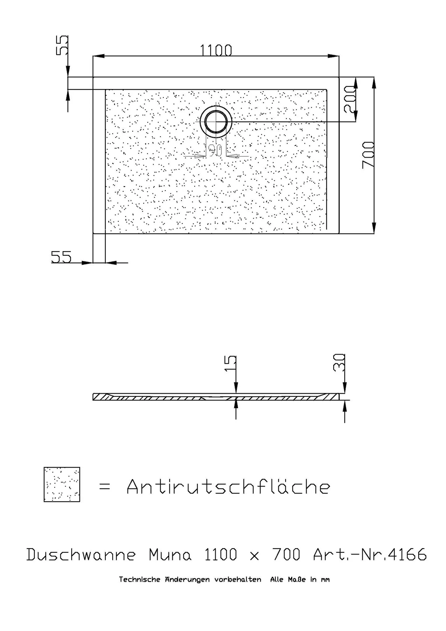 Duschwanne „Muna“ Rechteck 110 × 70 cm in Steingrau