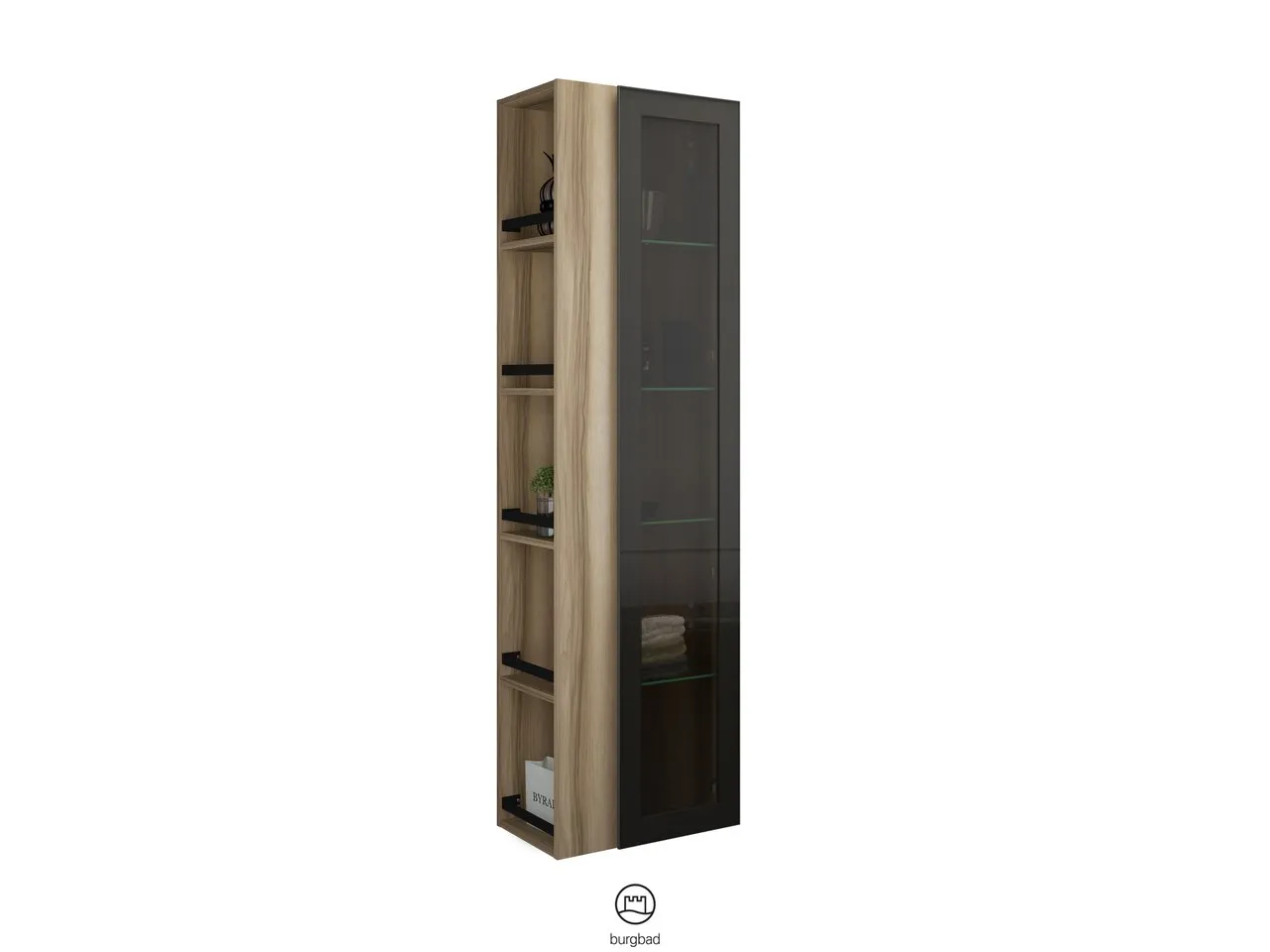 Hochschrank, 1 Alurahmentür mit Rauchglaseinsatz in Bronze;4 Glaseinlegeböden;offenes Regal mit 4 Einlegeböden, Tiefe: 320 mm, Breite: 500 mm, Höhe: 1760 mm