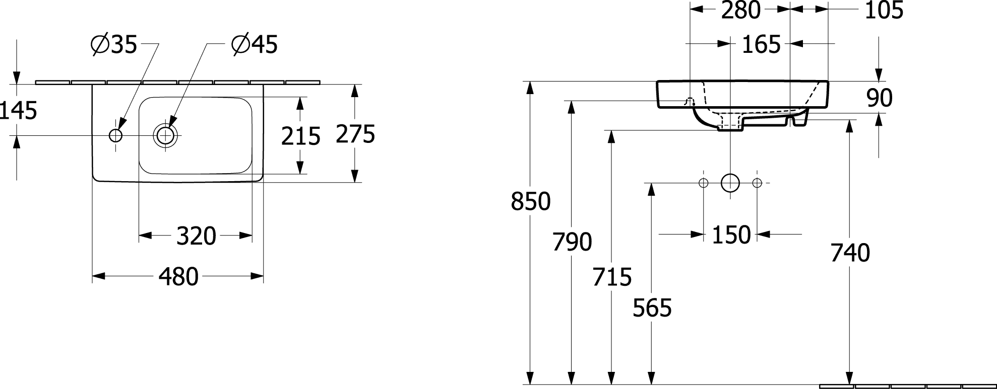 Villeroy & Boch Architectura Handwaschbecken 480x275mm, rechteckig, Becken rechts, 1HL. mittleres Hahnloch, Überlauf, Weiß Alpin CeramicPlus