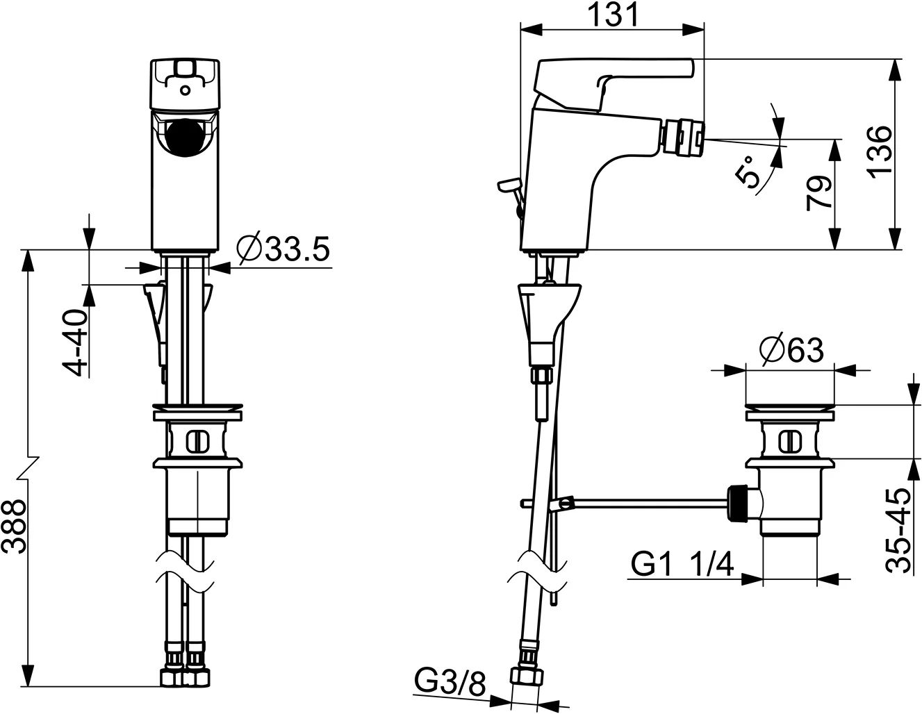 HA Einhebelmischer Bidetbatterie HANSAPALENO 5644 Ablaufgarnitur mit Zugstange Ausladung 106 mm DN15 Chrom