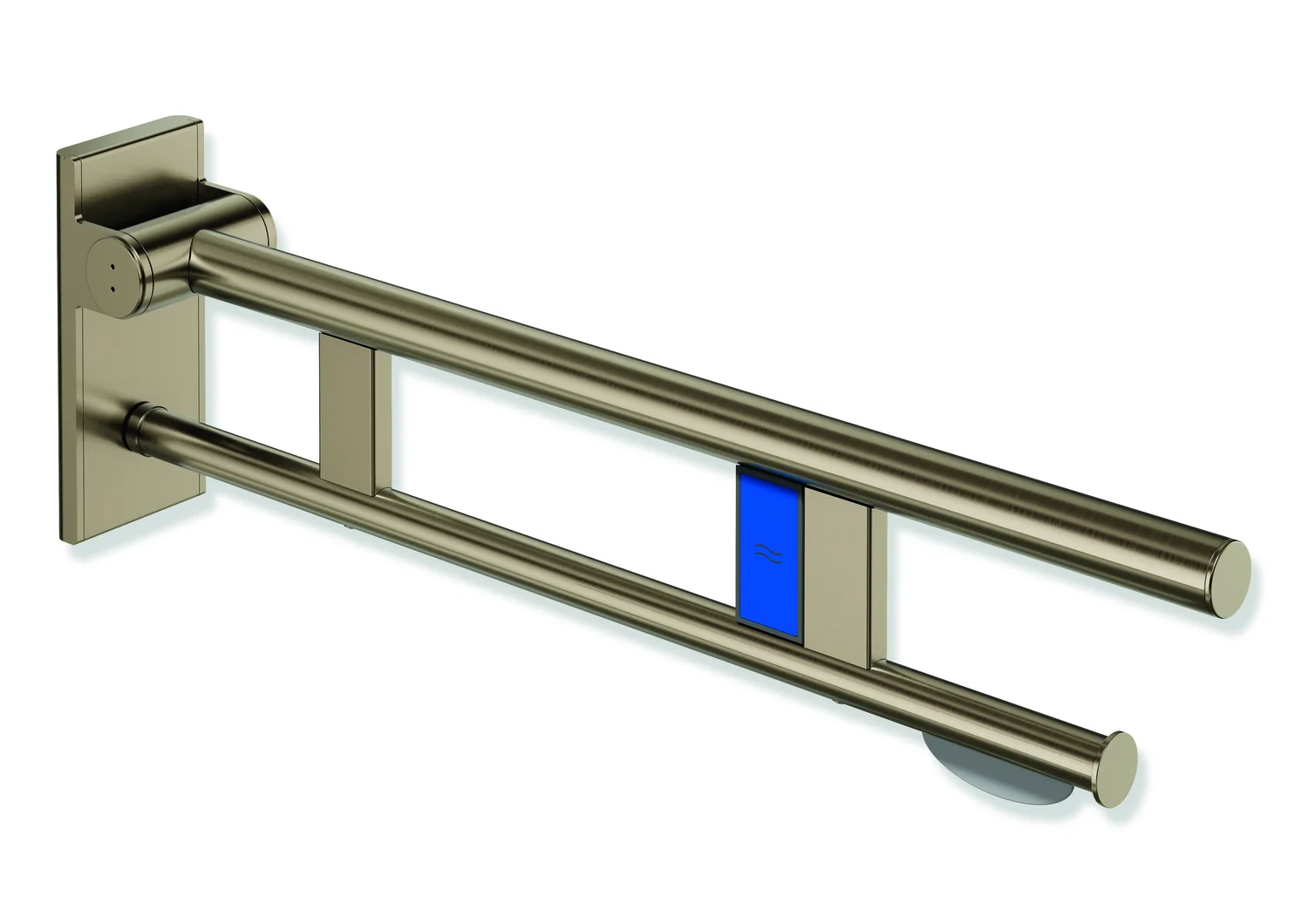 HEWI Stützklappgriff Duo System 900, Design A, Edelstahl PVD bronze gebürstet, Ausladung 700 mm, mit WC-Papierhalter und Funk-Spülauslösung, links