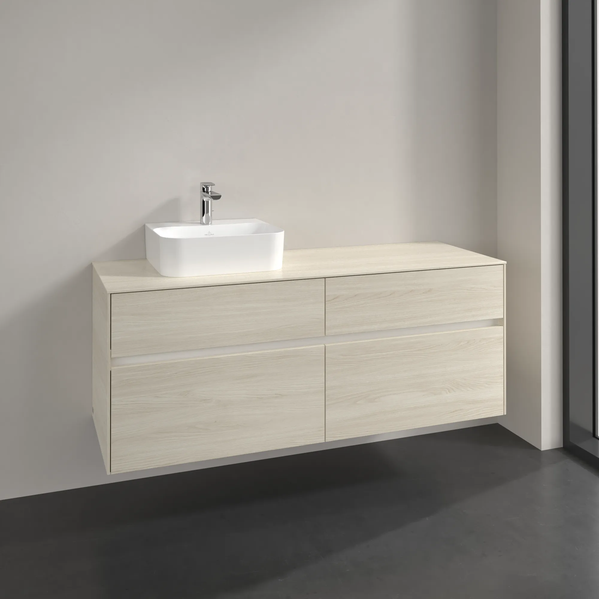 Villeroy & Boch Waschtischunterschrank „Collaro“ 1400 × 548 × 500 mm White Oak, mit Beleuchtung, für Becken links Villeroy & Boch Waschtischunterschrank „Collaro“ 1400 × 548 × 500 mm White Oak, mit Beleuchtung, für Becken links