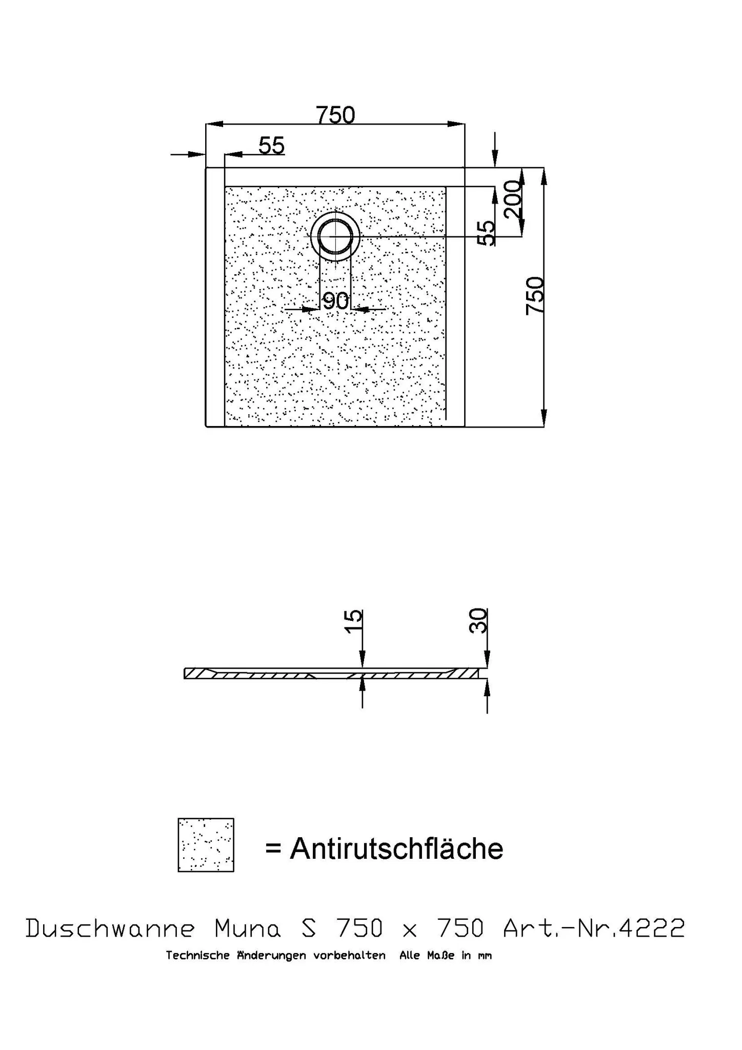 Duschwanne „Muna S“ Quadrat 75 × 75 cm in Telegrau