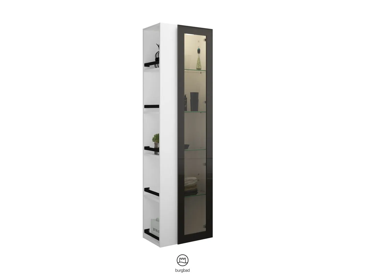 Hochschrank, 1 Alurahmentür mit Rauchglaseinsatz in Bronze;4 Glaseinlegeböden;LED-Innenbeleuchtung, 5 W, 4000 K;Energieeffizienzklasse F;für Raumschaltung;offenes Regal mit 4 Einlegeböden;IP20, Tiefe: 320 mm, Breite: 500 mm, Höhe: 1760 mm