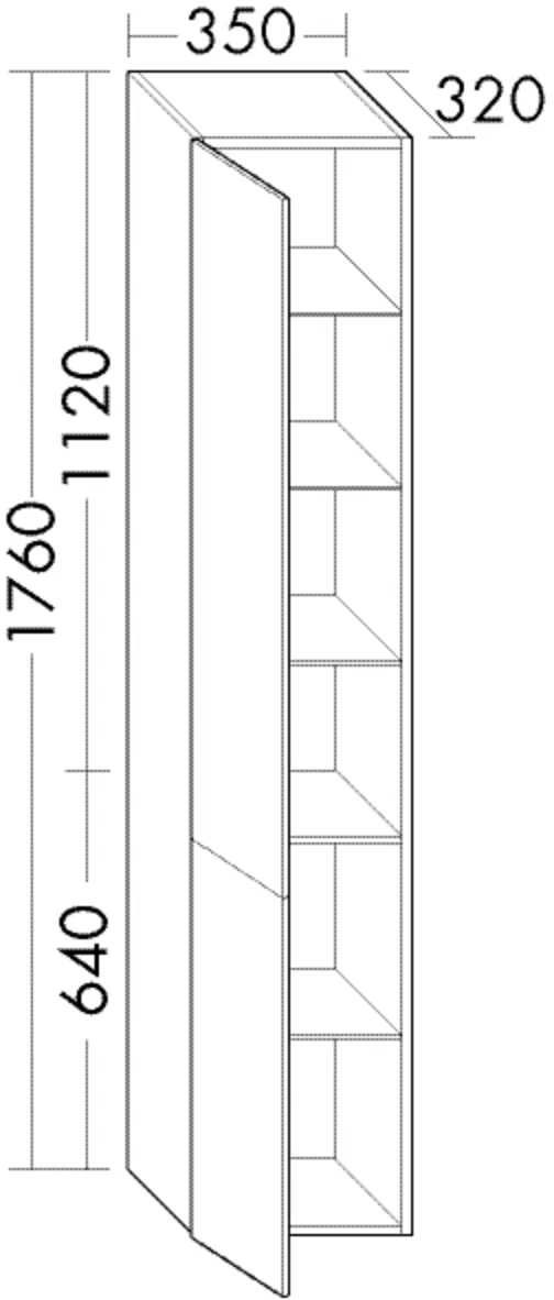 Hochschrank, 2 Türen;4 Glaseinlegeböden;1 fester Boden, Tiefe: 320 mm, Breite: 350 mm, Höhe: 1760 mm