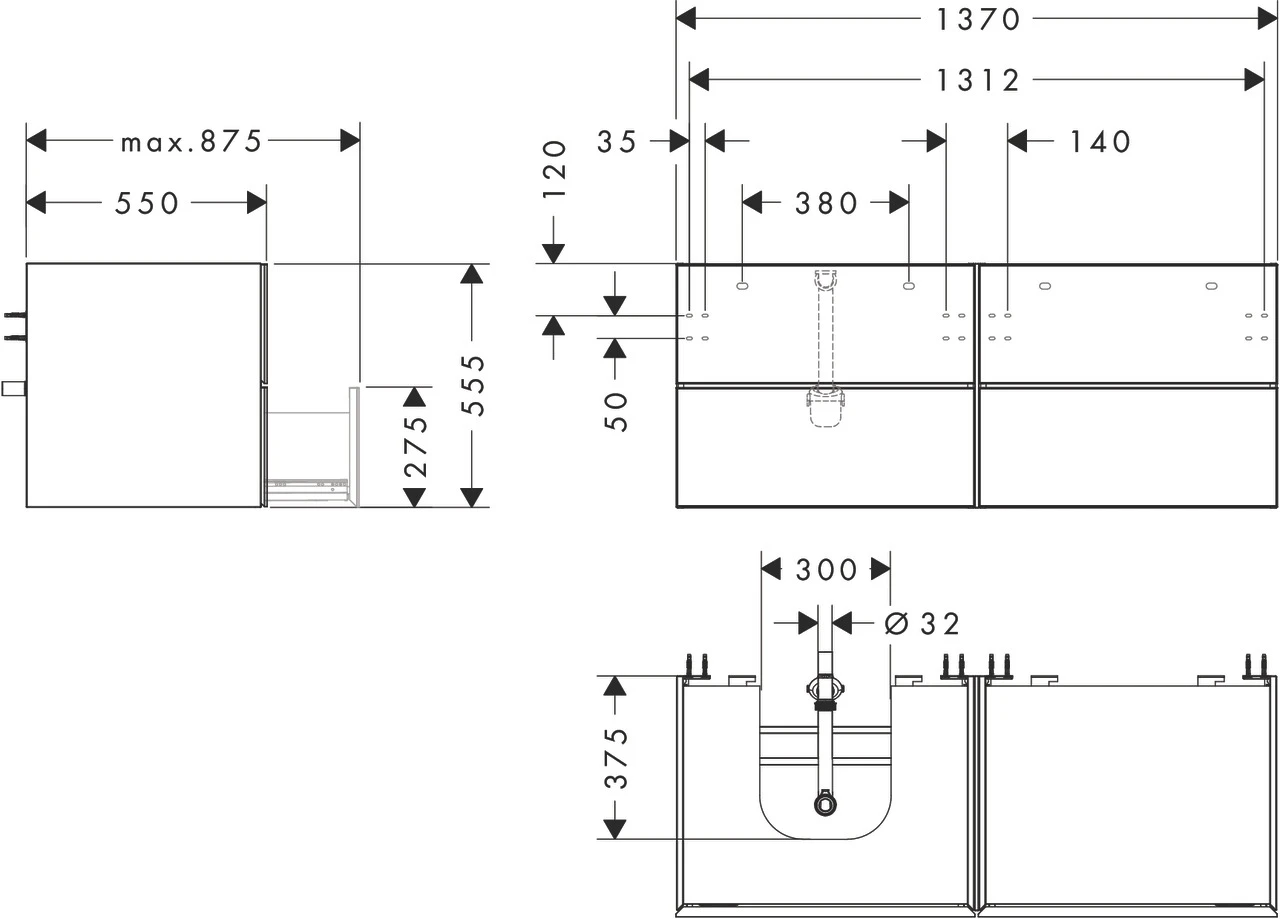 Xevolos E Waschtischunterschrank Schiefergrau Matt 1370/550 mit 4 Schubkästen für Konsolen mit Aufsatzwaschtisch geschliffen links Bronze Struktur